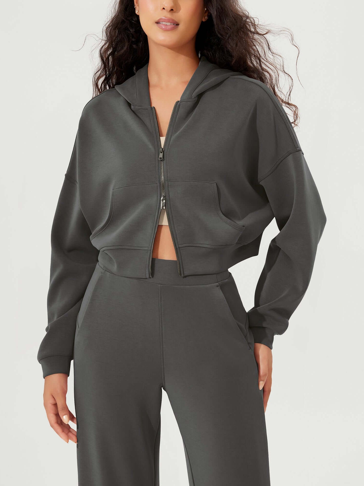 Full-Zip Cropped Long Sleeve Crop Casual Sweatshirts Jacket - ododos