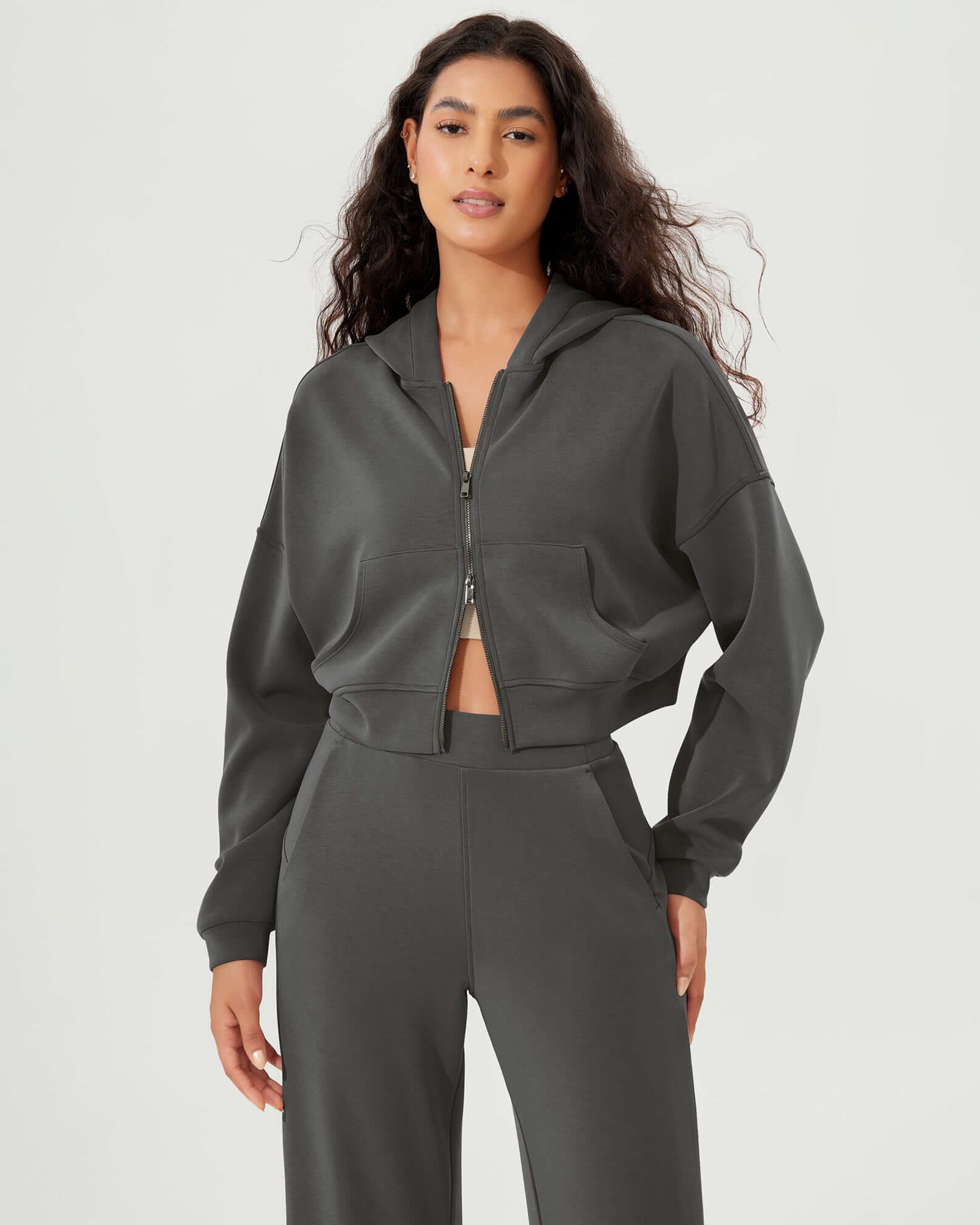 Full-Zip Cropped Long Sleeve Crop Casual Sweatshirts Jacket Charcoal - ododos