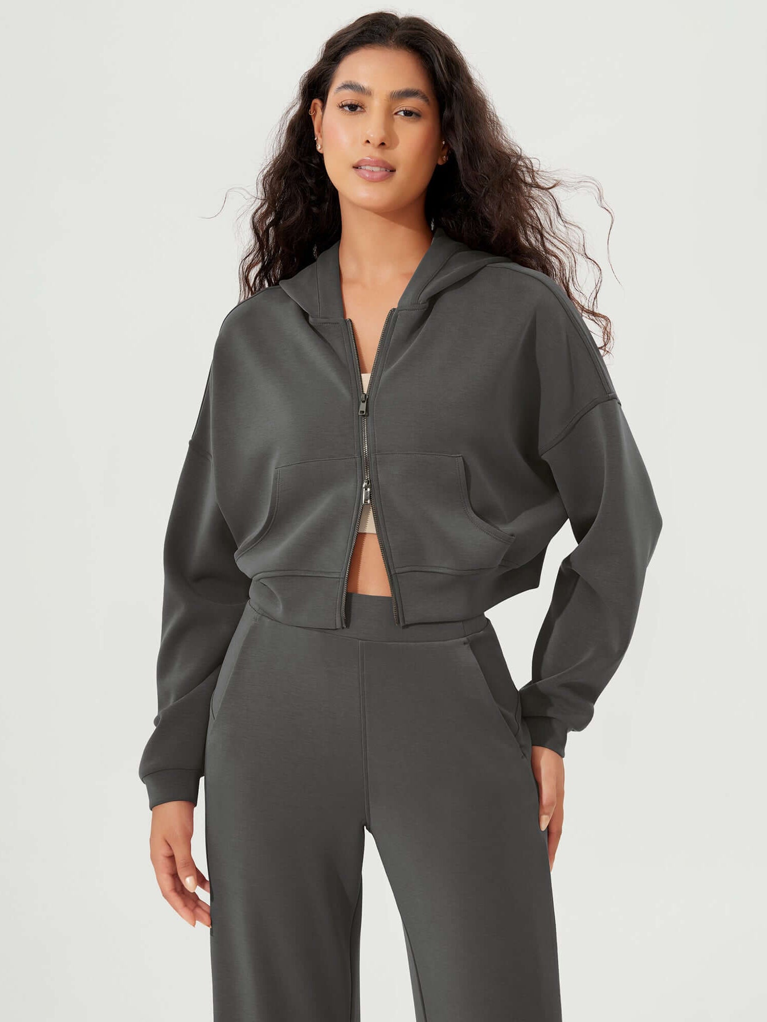 Full-Zip Cropped Long Sleeve Crop Casual Sweatshirts Jacket Charcoal - ododos