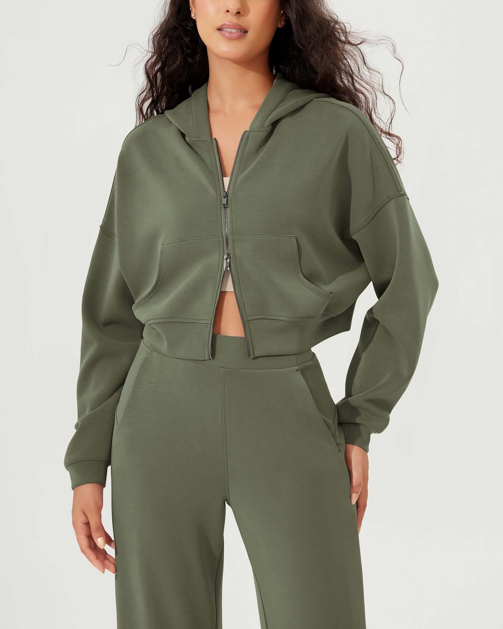 Full-Zip Cropped Long Sleeve Crop Casual Sweatshirts Jacket - ododos