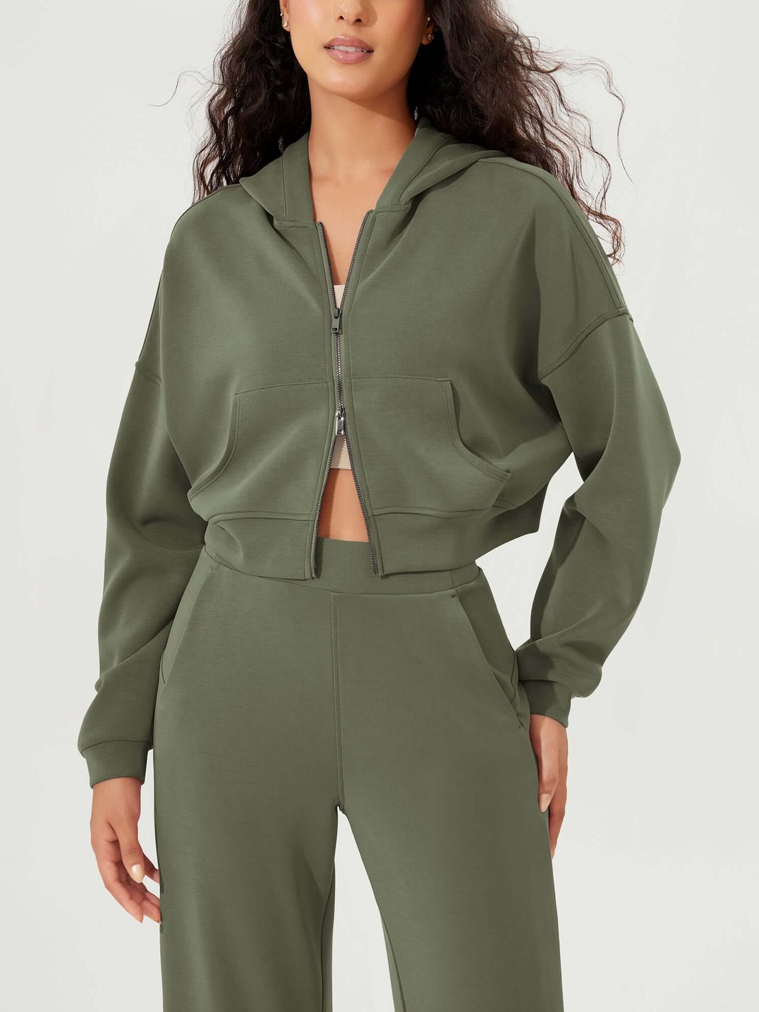 Full-Zip Cropped Long Sleeve Crop Casual Sweatshirts Jacket - ododos