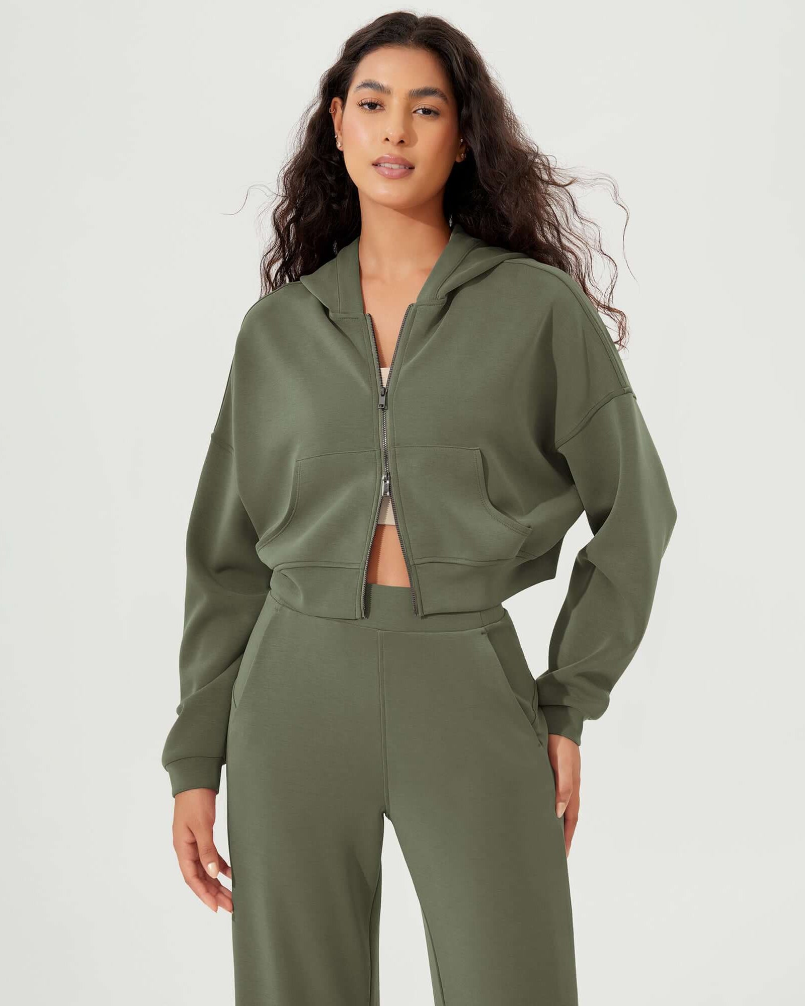 Full-Zip Cropped Long Sleeve Crop Casual Sweatshirts Jacket Dark Sage - ododos