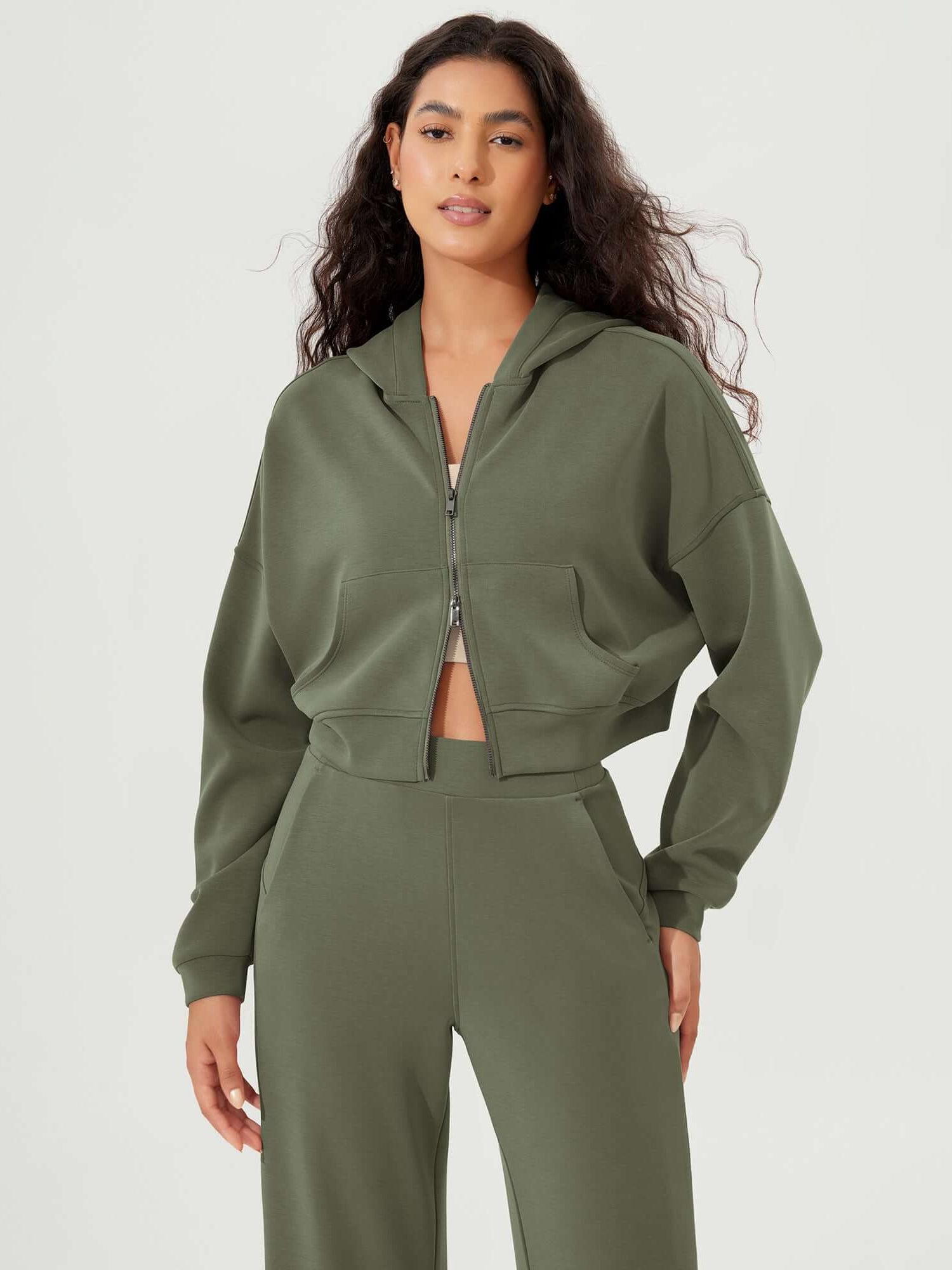 Full-Zip Cropped Long Sleeve Crop Casual Sweatshirts Jacket Dark Sage - ododos