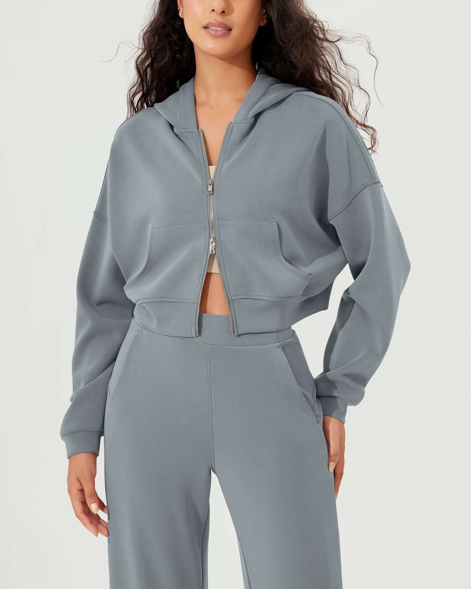 Full-Zip Cropped Long Sleeve Crop Casual Sweatshirts Jacket - ododos