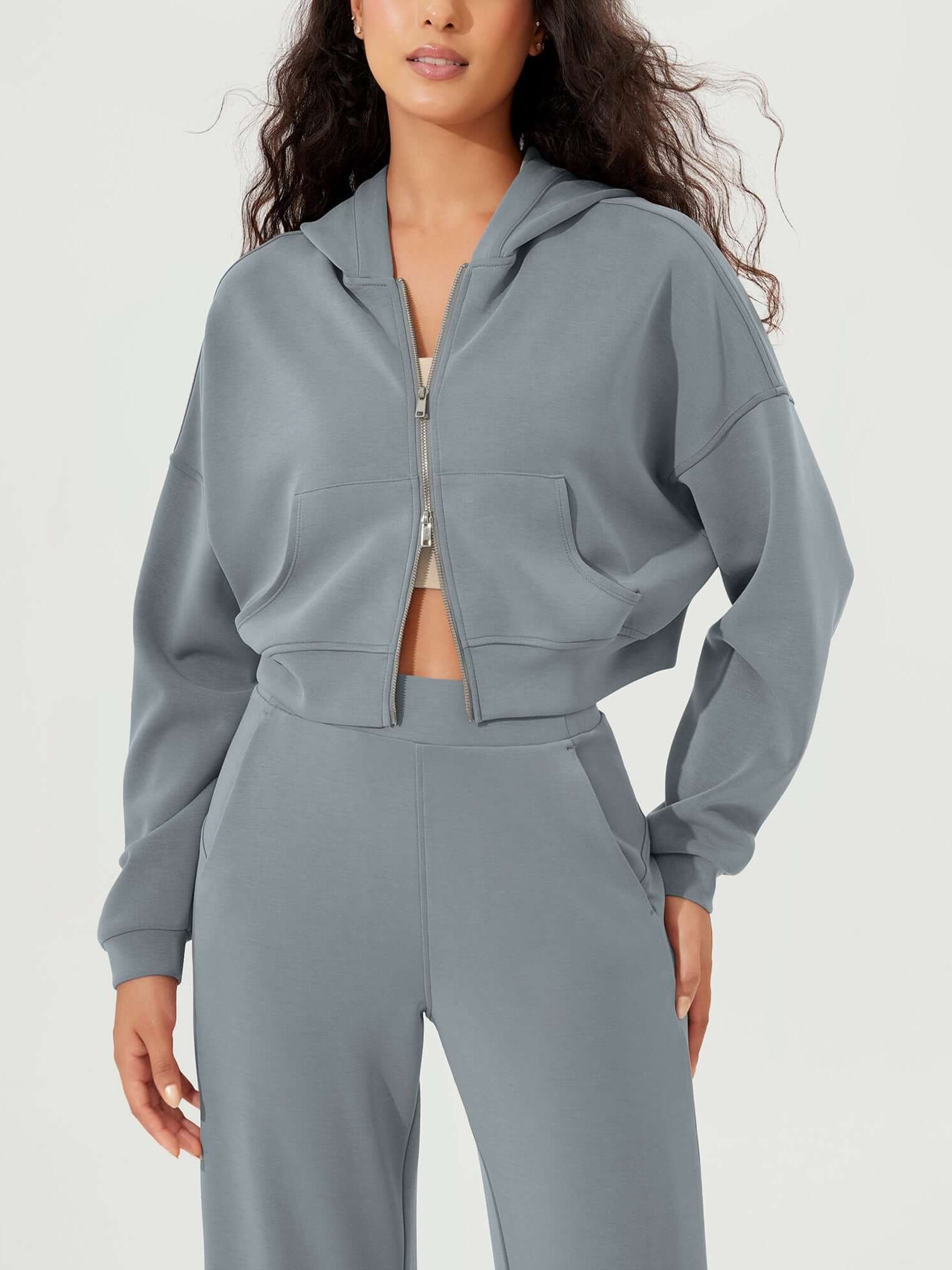 Full-Zip Cropped Long Sleeve Crop Casual Sweatshirts Jacket - ododos