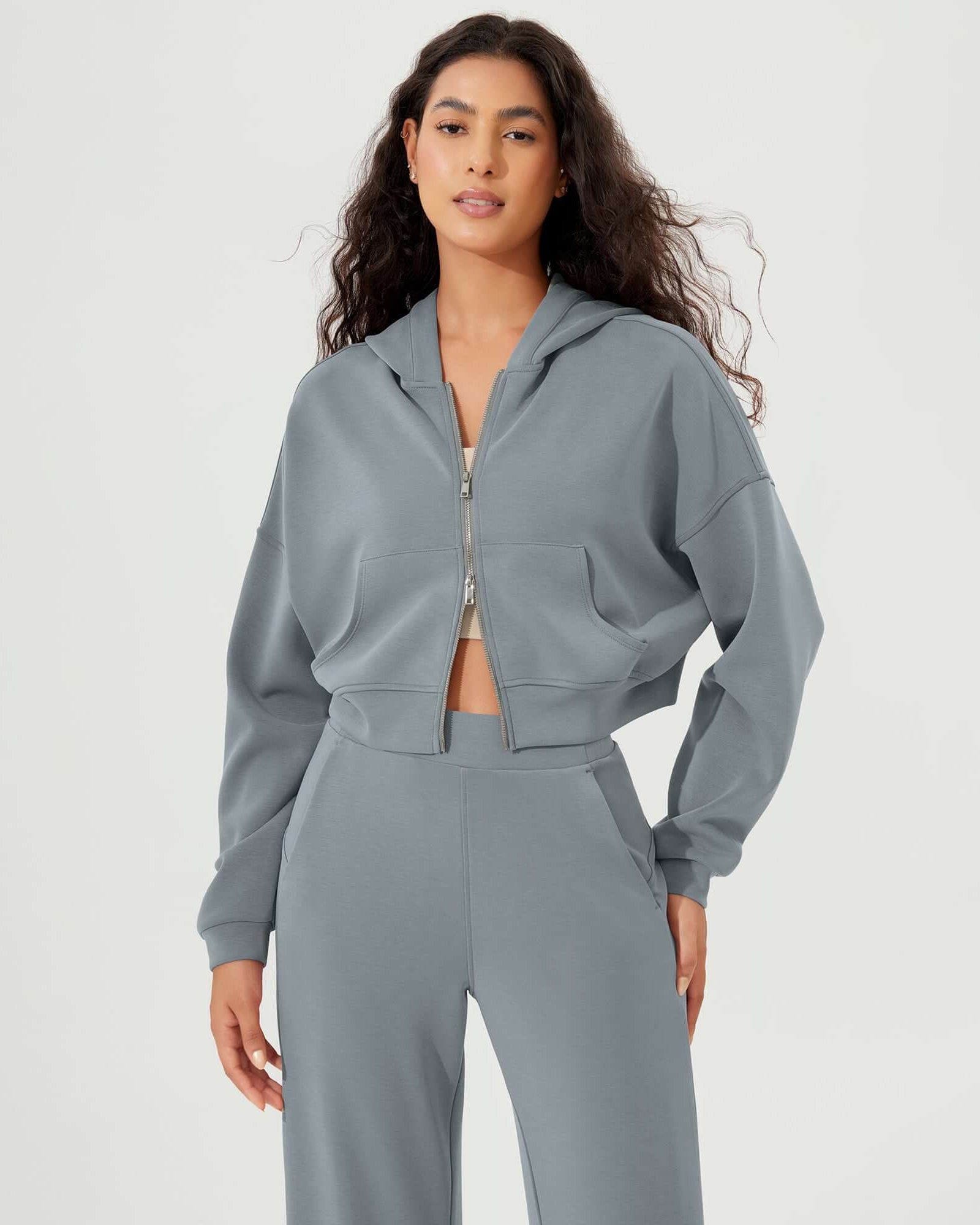 Full-Zip Cropped Long Sleeve Crop Casual Sweatshirts Jacket Grey Blue - ododos