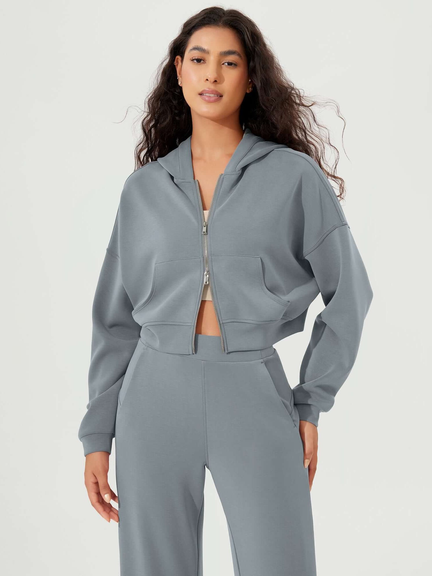 Full-Zip Cropped Long Sleeve Crop Casual Sweatshirts Jacket Grey Blue - ododos