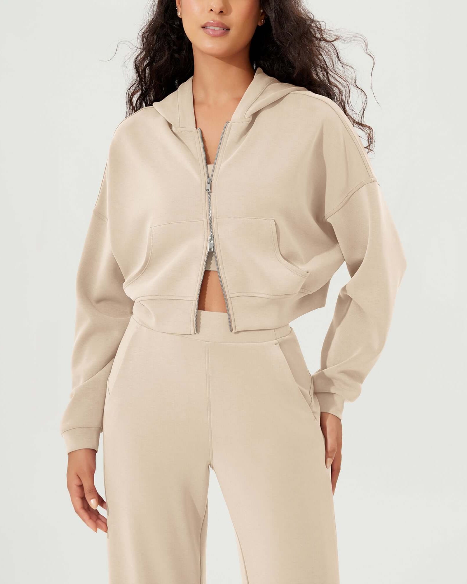 Full-Zip Cropped Long Sleeve Crop Casual Sweatshirts Jacket - ododos