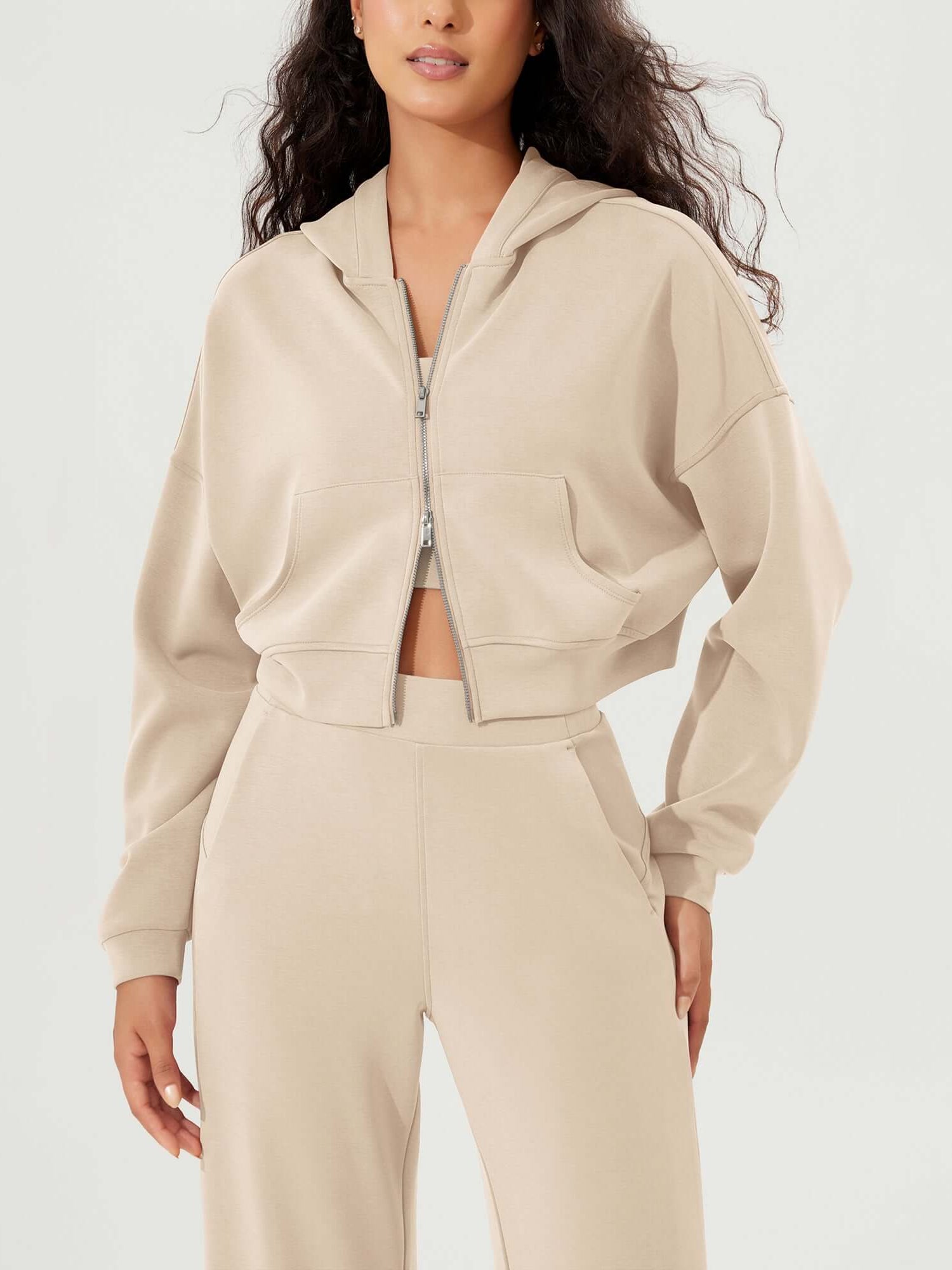 Full-Zip Cropped Long Sleeve Crop Casual Sweatshirts Jacket - ododos