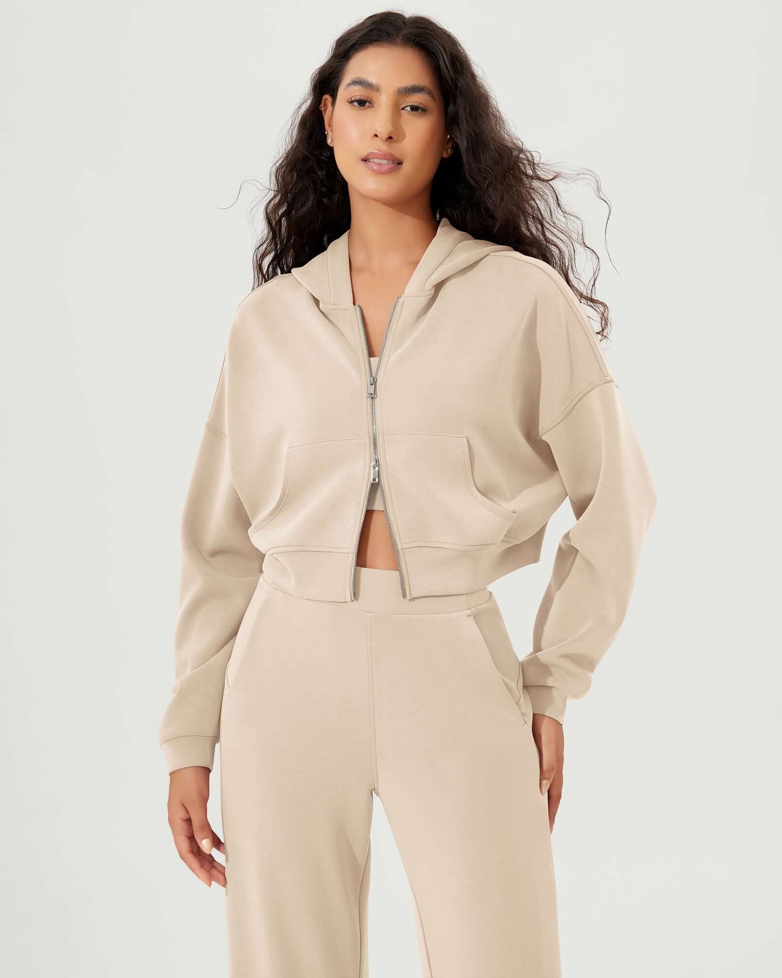 Full-Zip Cropped Long Sleeve Crop Casual Sweatshirts Jacket Ivory - ododos