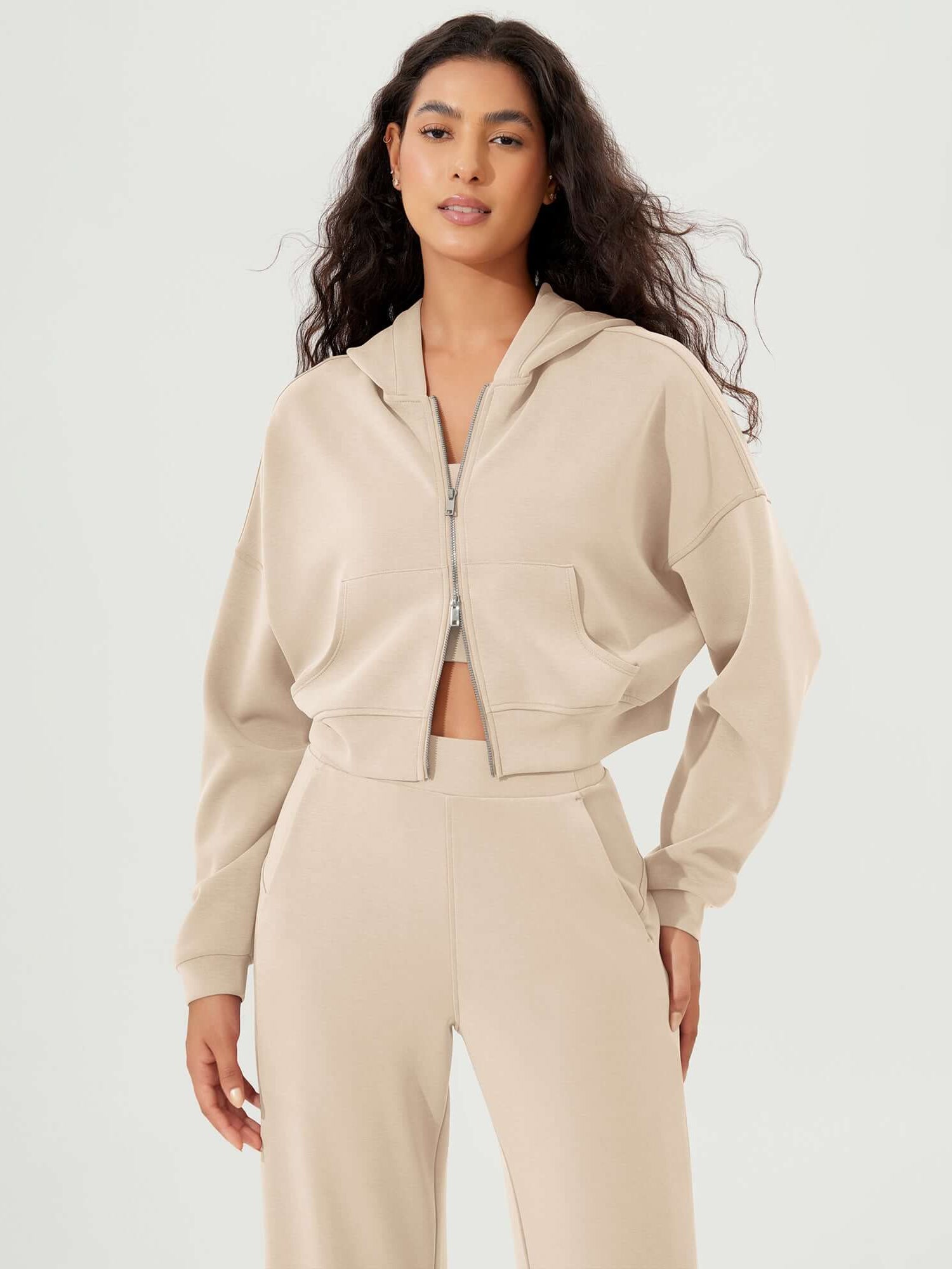 Full-Zip Cropped Long Sleeve Crop Casual Sweatshirts Jacket Ivory - ododos