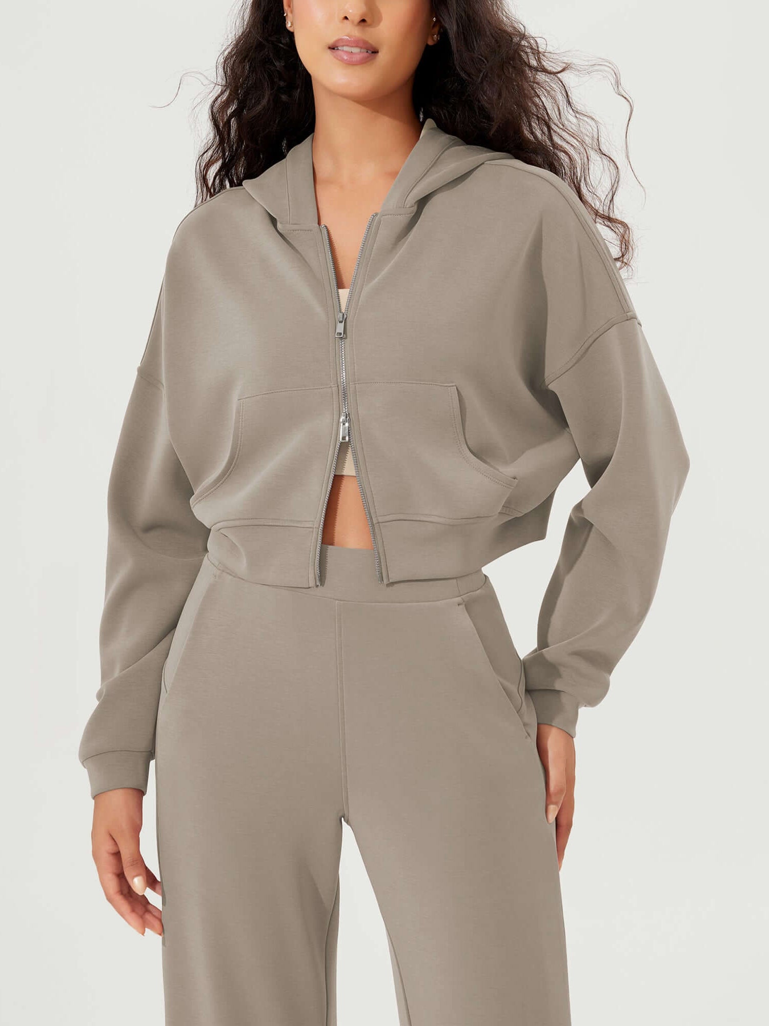 Full-Zip Cropped Long Sleeve Crop Casual Sweatshirts Jacket - ododos