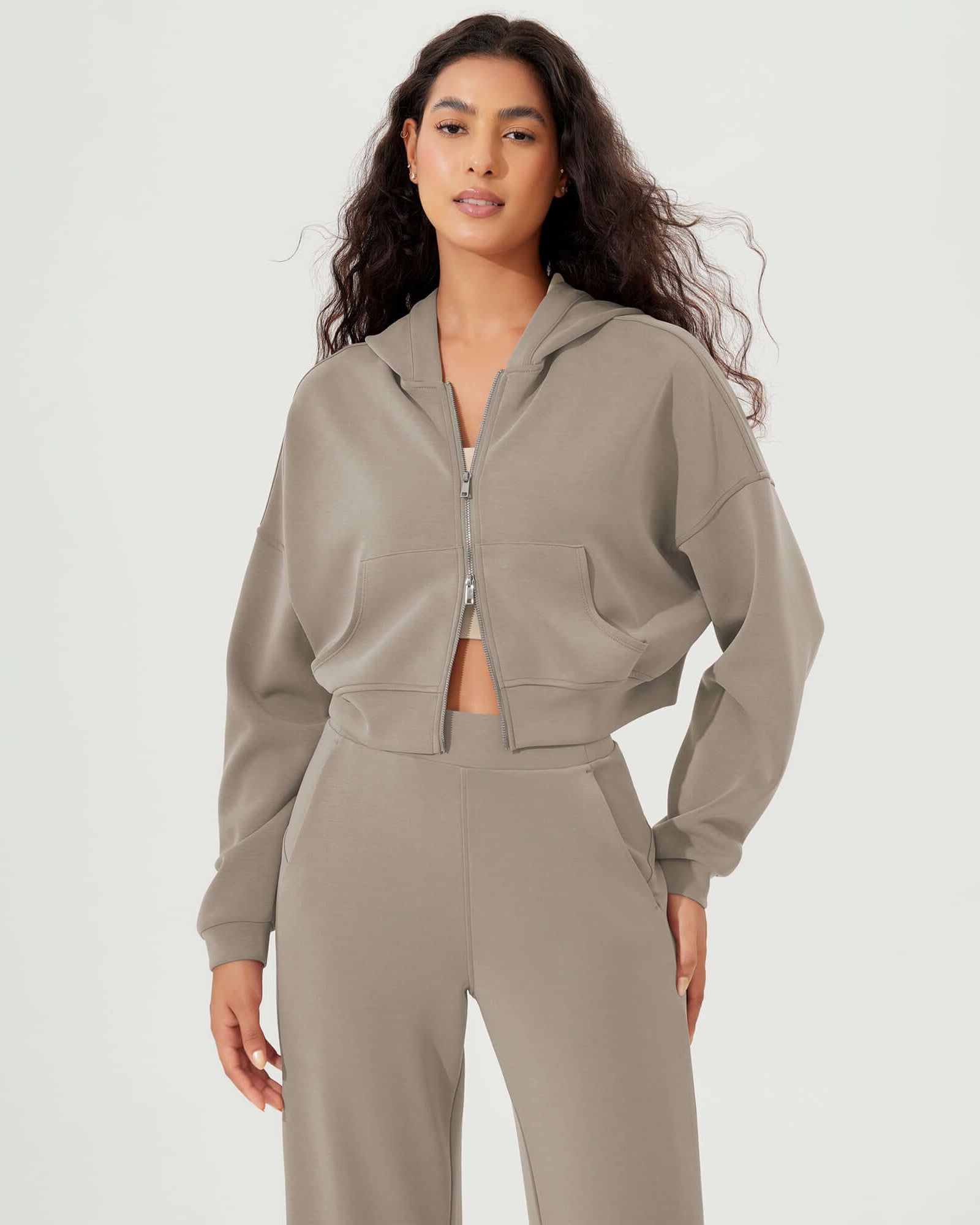 Full-Zip Cropped Long Sleeve Crop Casual Sweatshirts Jacket Khaki - ododos