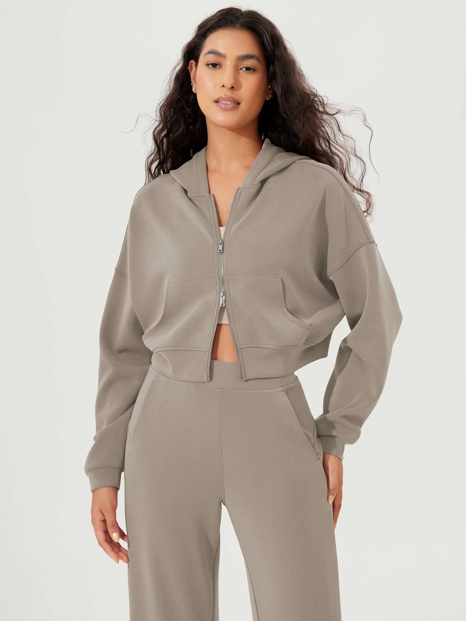 Full-Zip Cropped Long Sleeve Crop Casual Sweatshirts Jacket Khaki - ododos