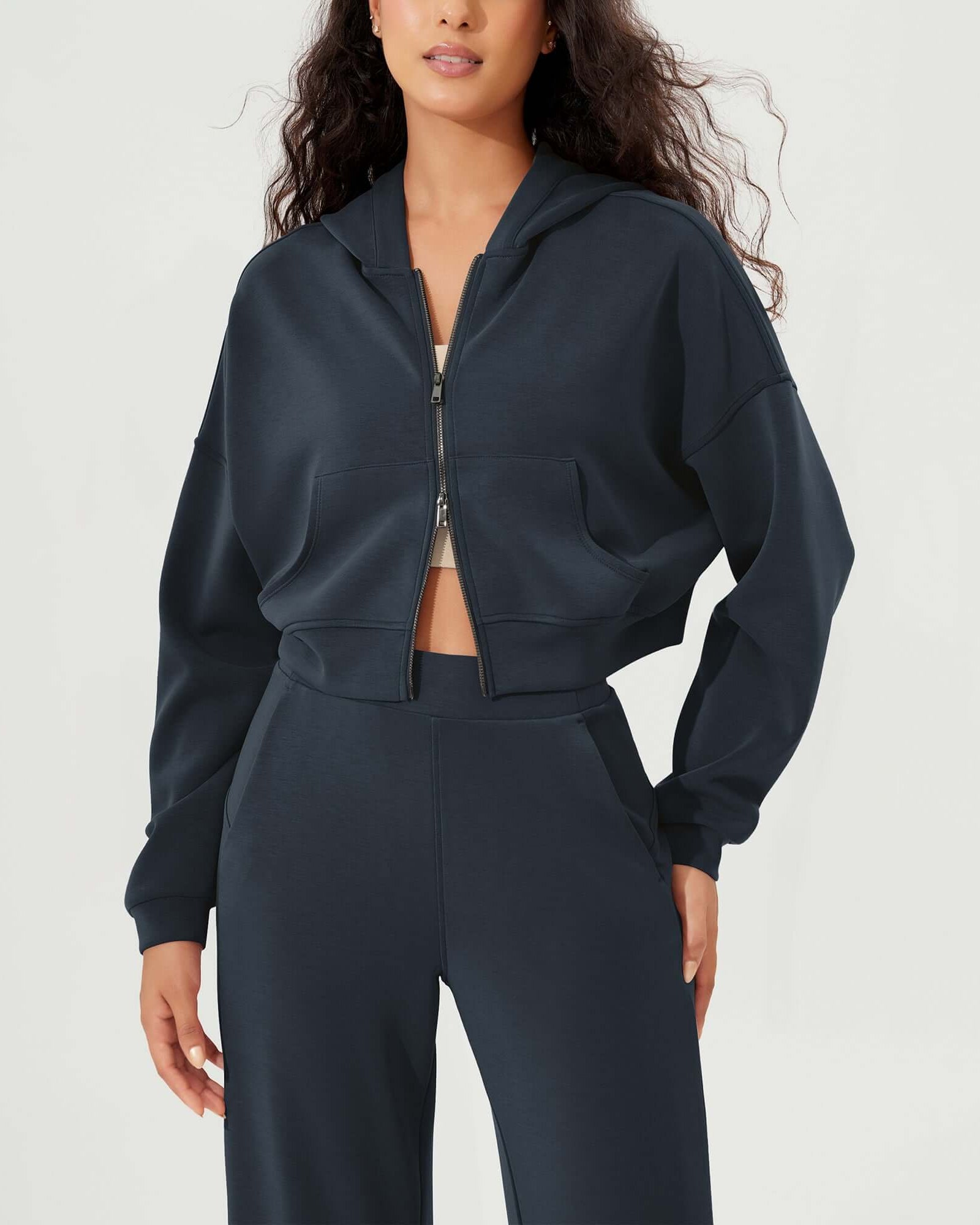 Full-Zip Cropped Long Sleeve Crop Casual Sweatshirts Jacket - ododos