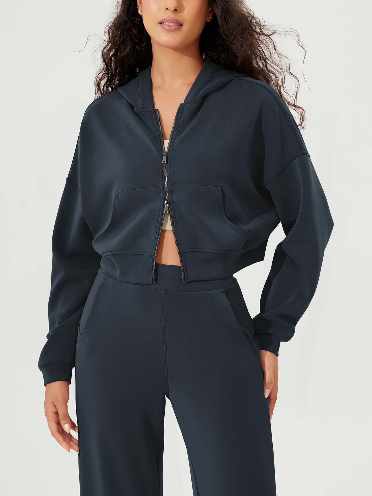 Full-Zip Cropped Long Sleeve Crop Casual Sweatshirts Jacket - ododos