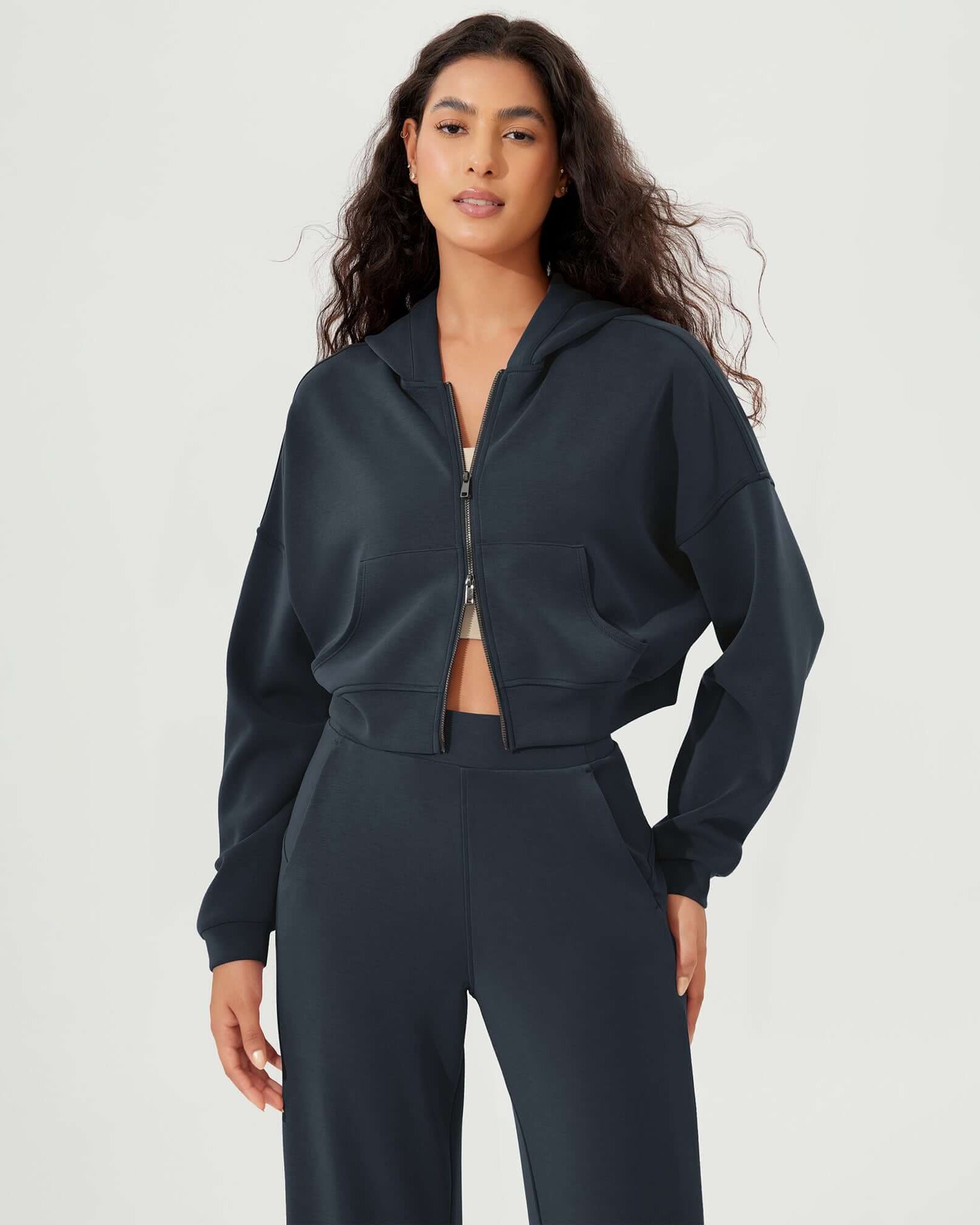 Full-Zip Cropped Long Sleeve Crop Casual Sweatshirts Jacket Navy - ododos