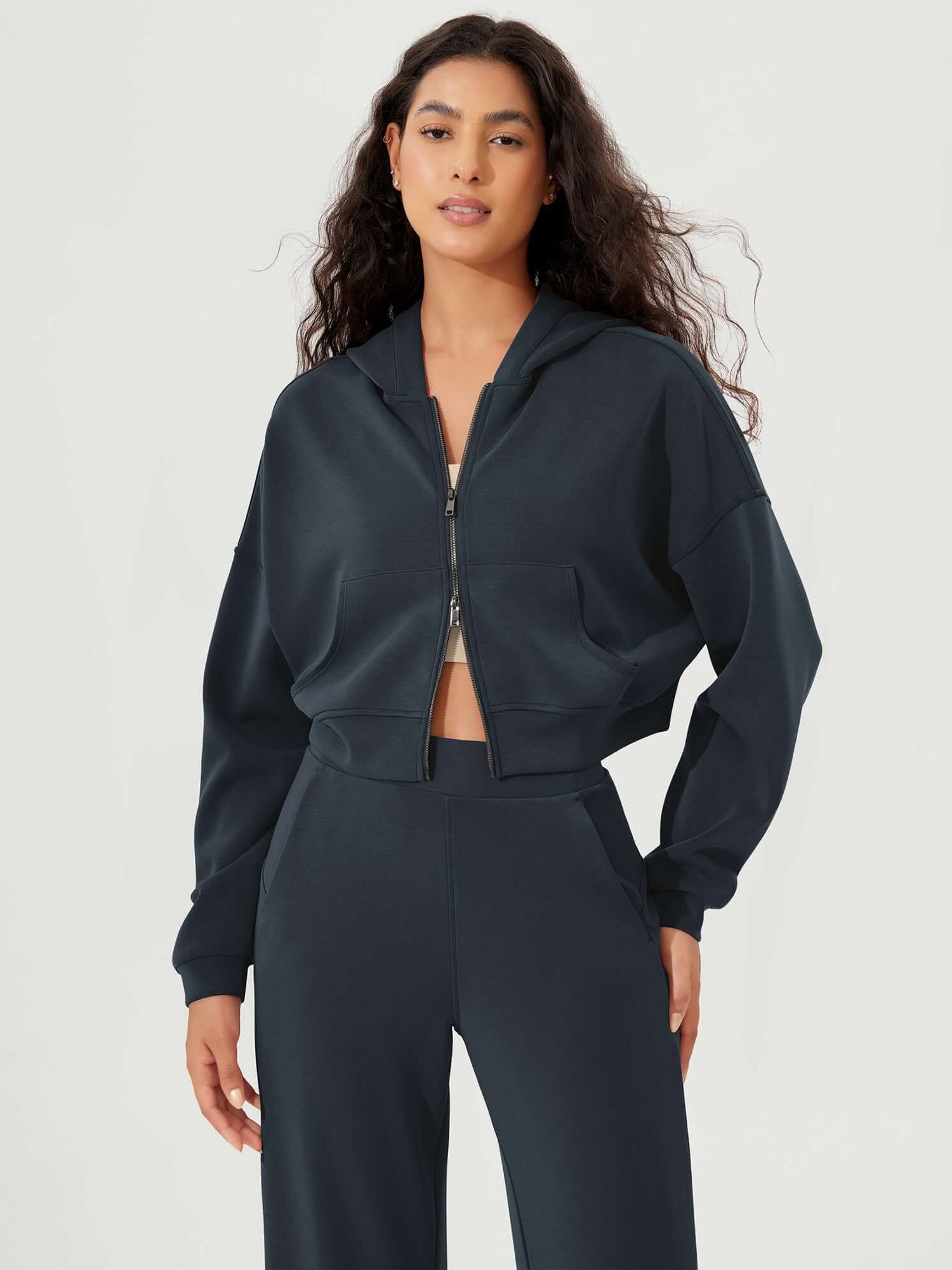 Full-Zip Cropped Long Sleeve Crop Casual Sweatshirts Jacket Navy - ododos