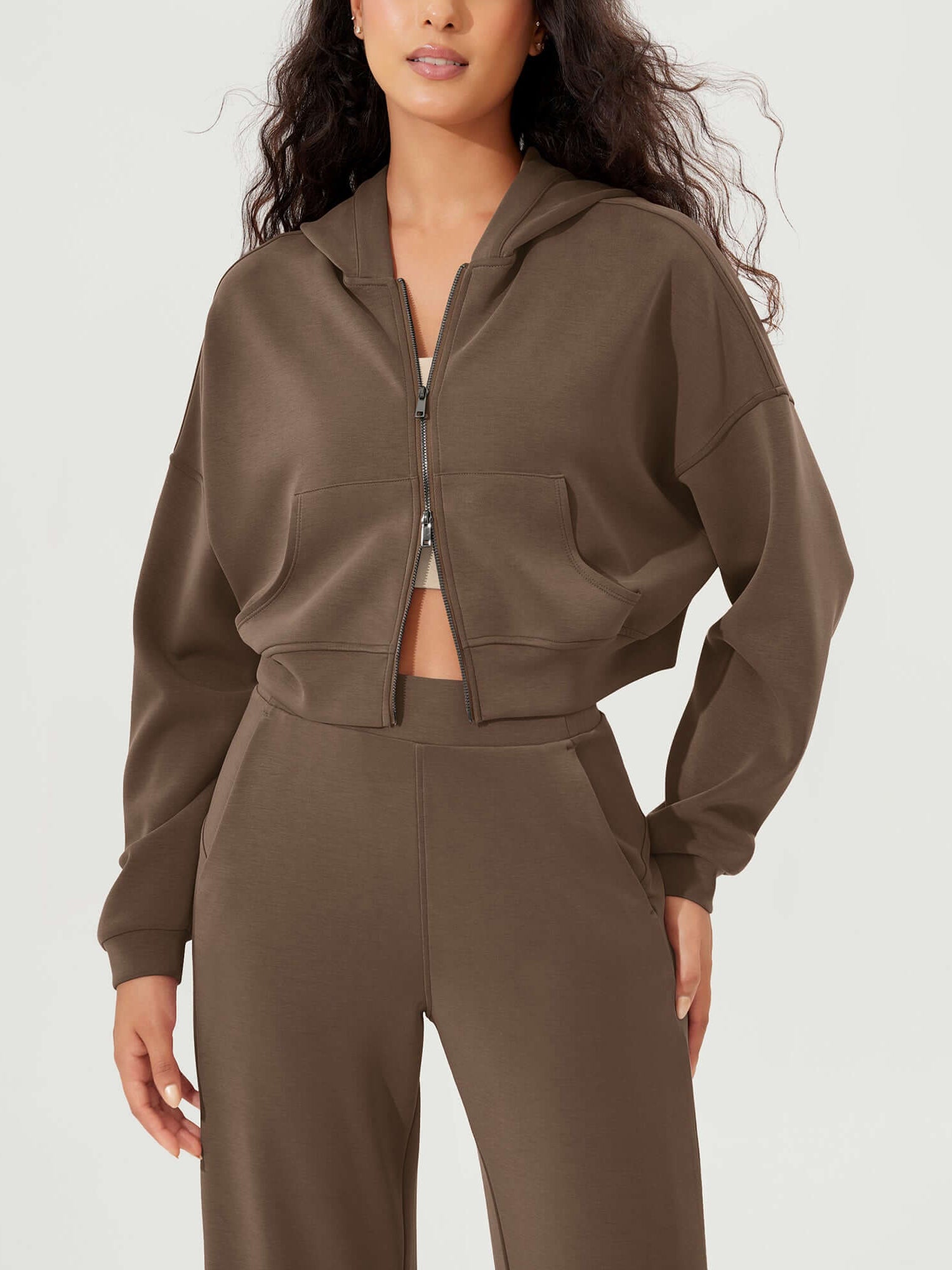 Full-Zip Cropped Long Sleeve Crop Casual Sweatshirts Jacket - ododos