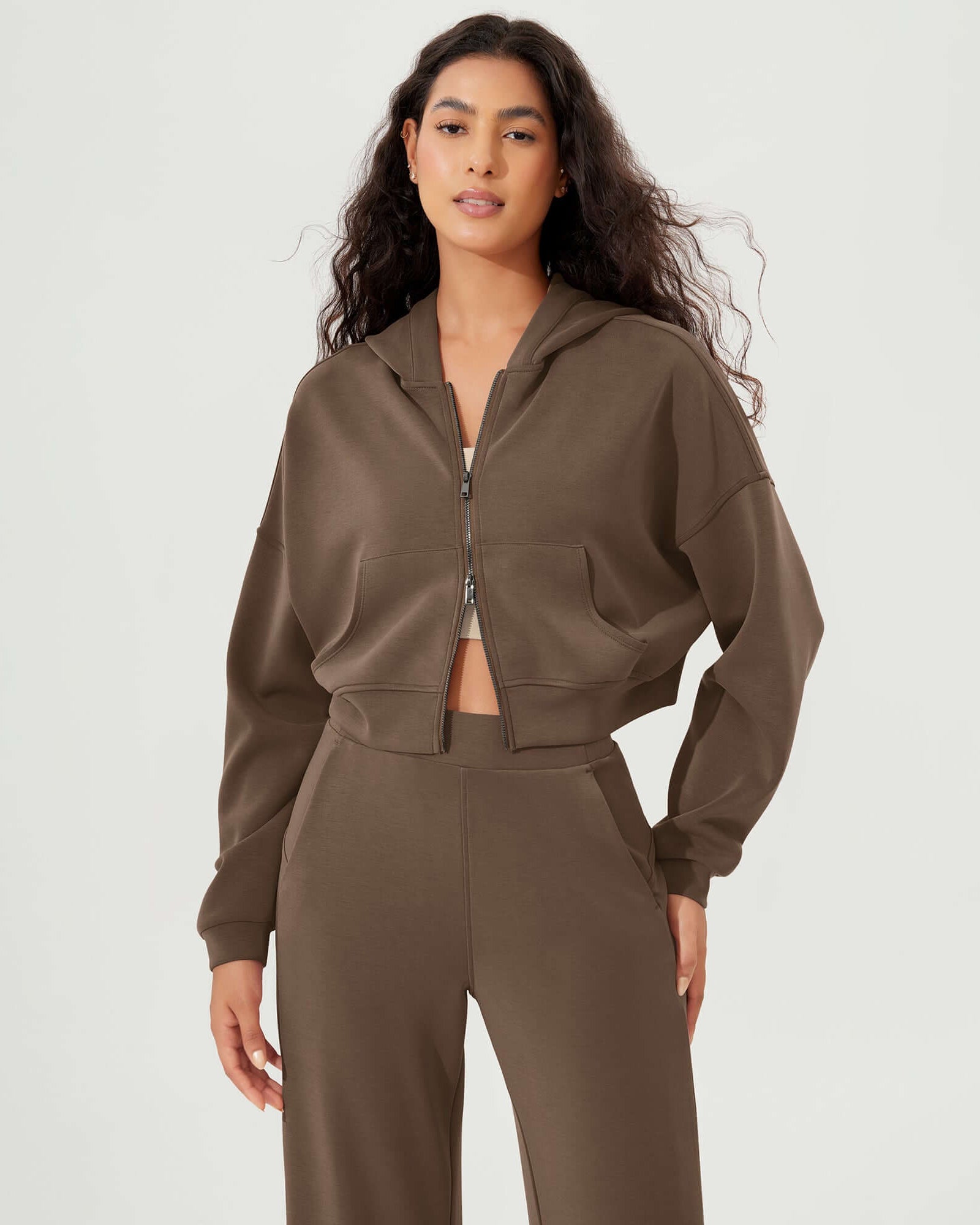 Full-Zip Cropped Long Sleeve Crop Casual Sweatshirts Jacket Nutria - ododos