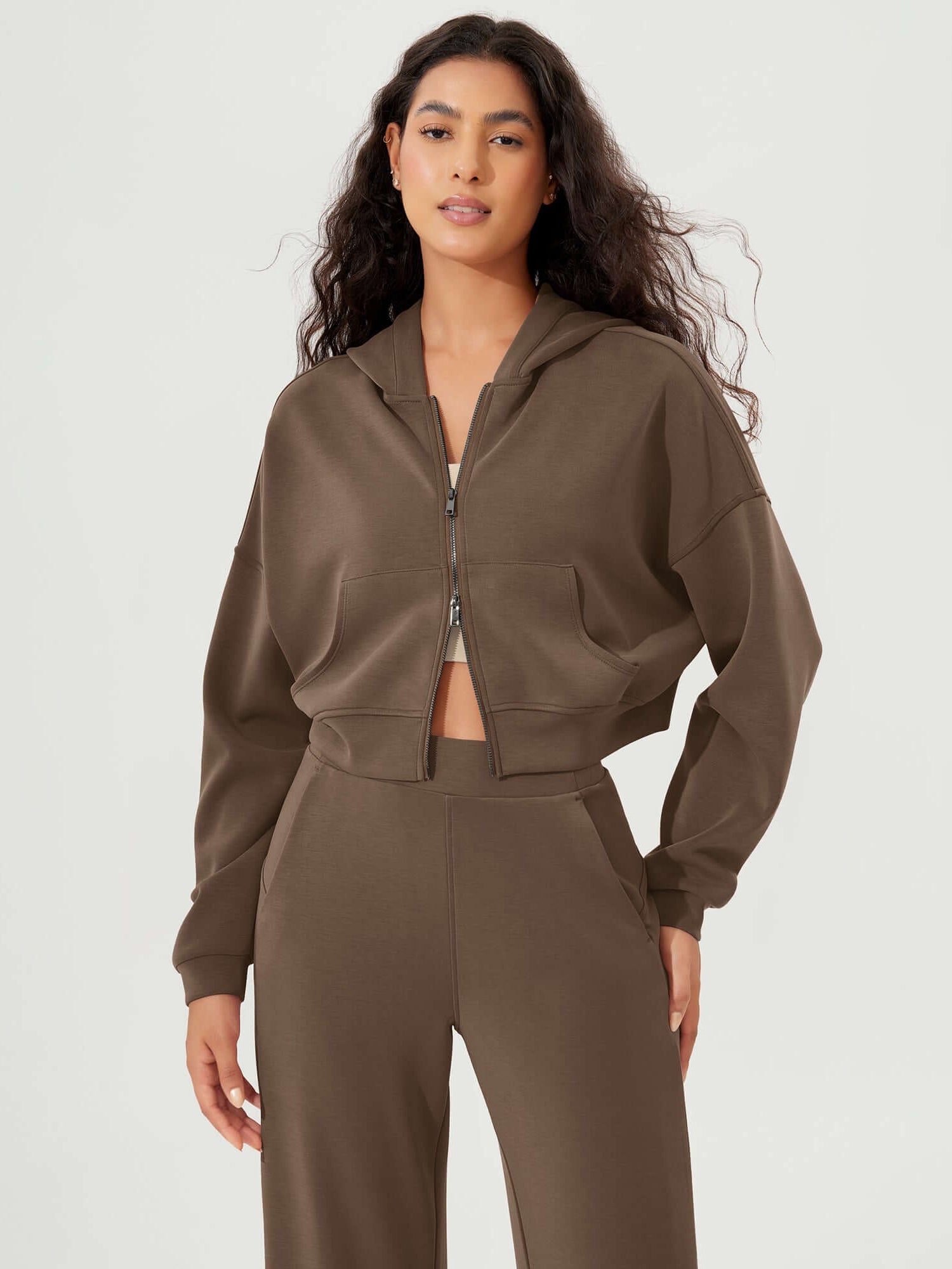 Full-Zip Cropped Long Sleeve Crop Casual Sweatshirts Jacket Nutria - ododos