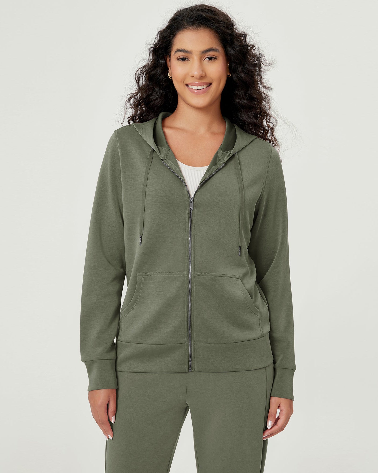 Modal Soft Full-Zip Hoodies Casual Jacket with Pockets Dark Sage - ododos