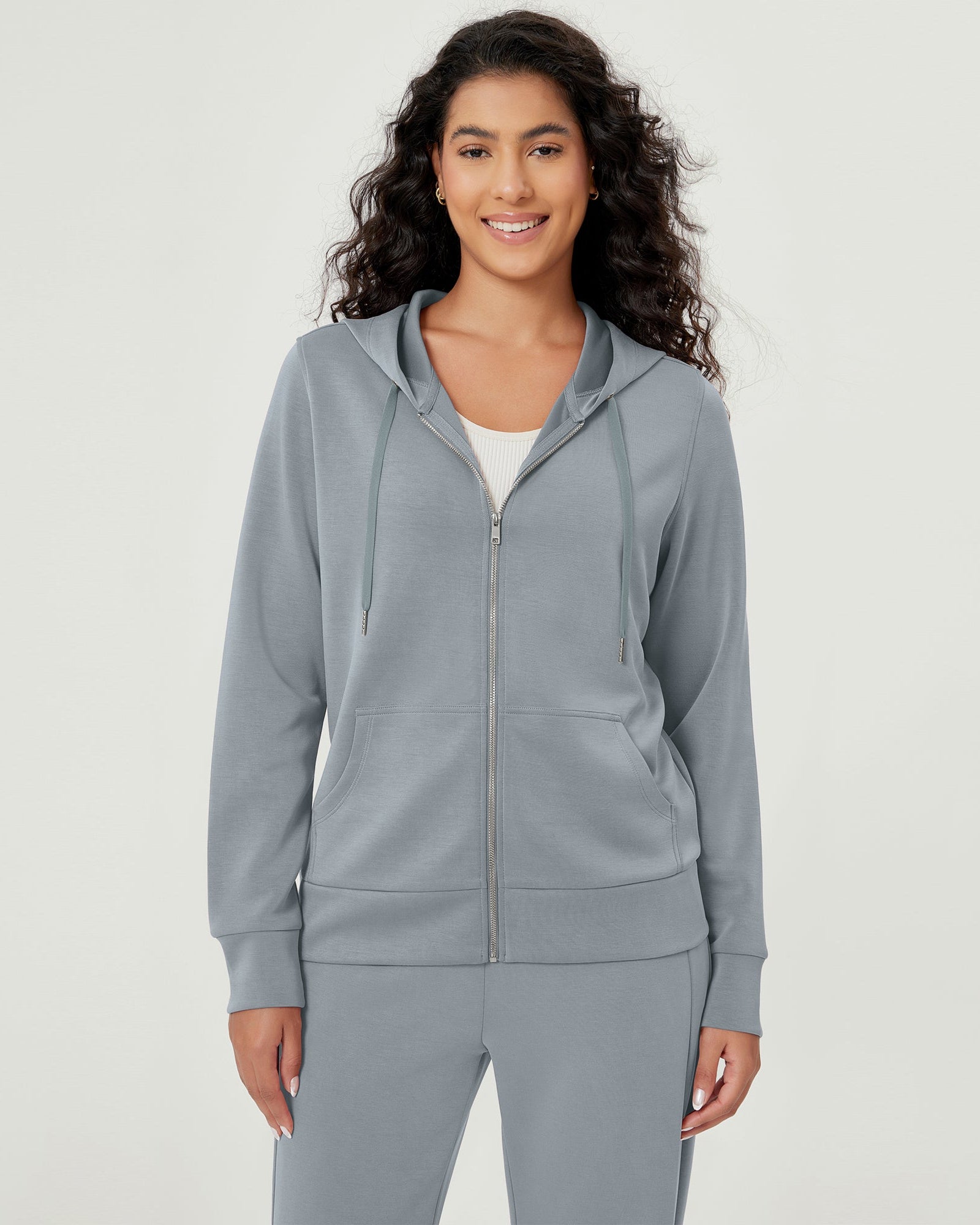 Modal Soft Full-Zip Hoodies Casual Jacket with Pockets Grey Blue - ododos