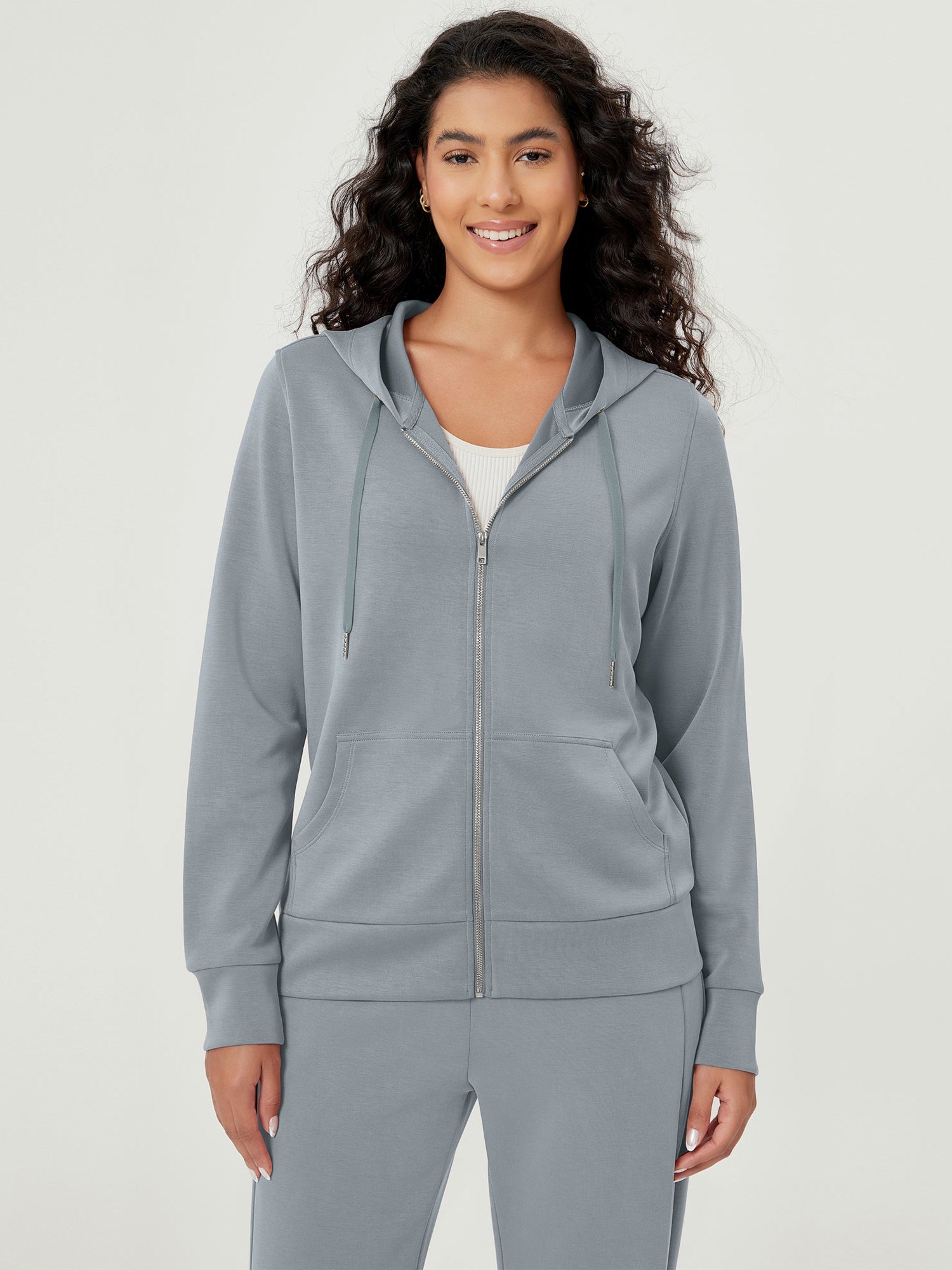 Modal Soft Full-Zip Hoodies Casual Jacket with Pockets Grey Blue - ododos