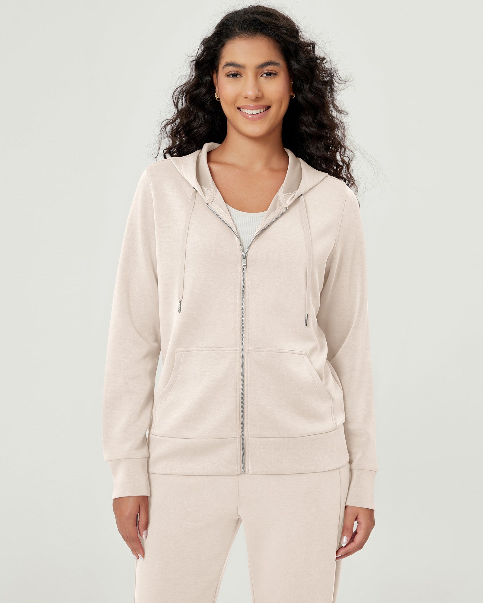Modal Soft Full-Zip Hoodies Casual Jacket with Pockets Ivory - ododos