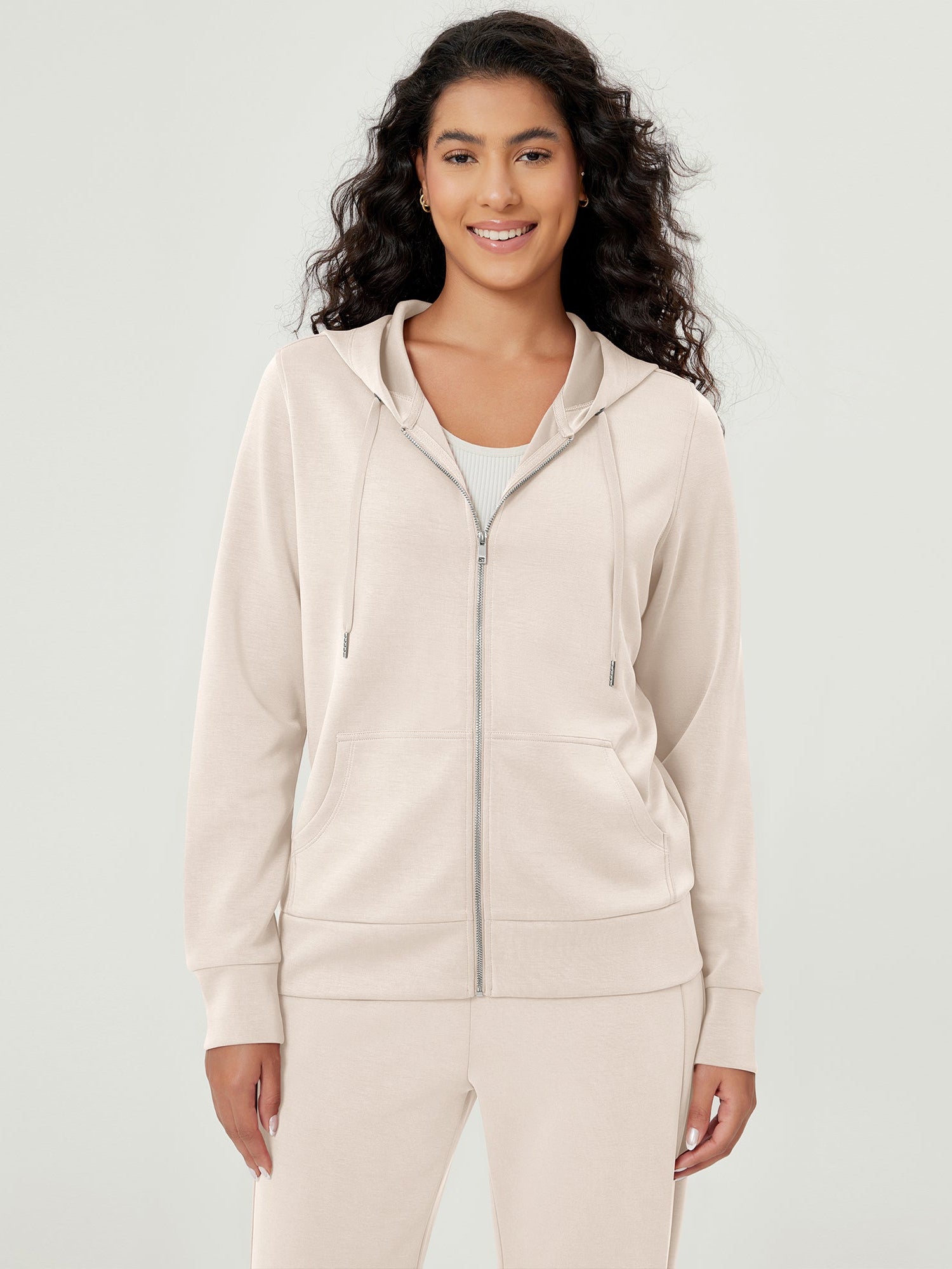 Modal Soft Full-Zip Hoodies Casual Jacket with Pockets Ivory - ododos