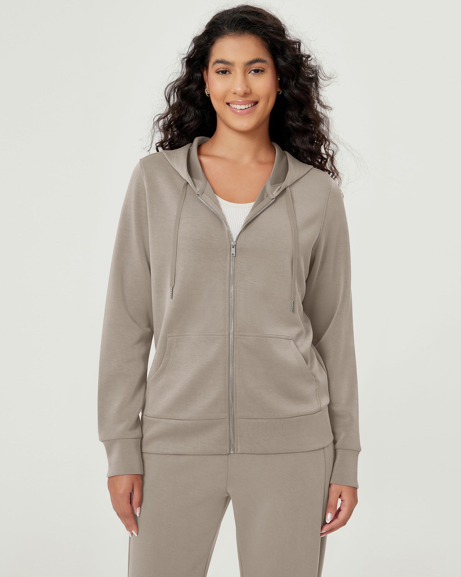 Modal Soft Full-Zip Hoodies Casual Jacket with Pockets Khaki - ododos