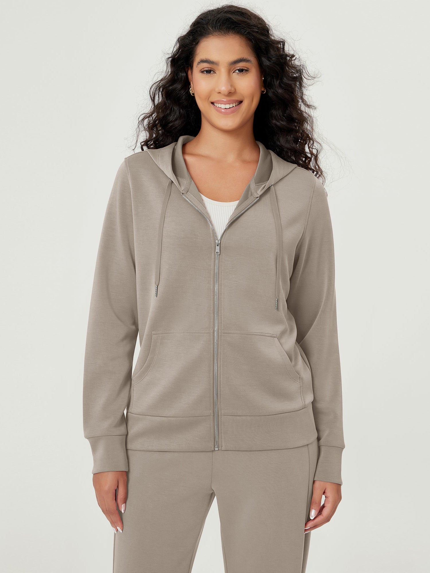 Modal Soft Full-Zip Hoodies Casual Jacket with Pockets Khaki - ododos