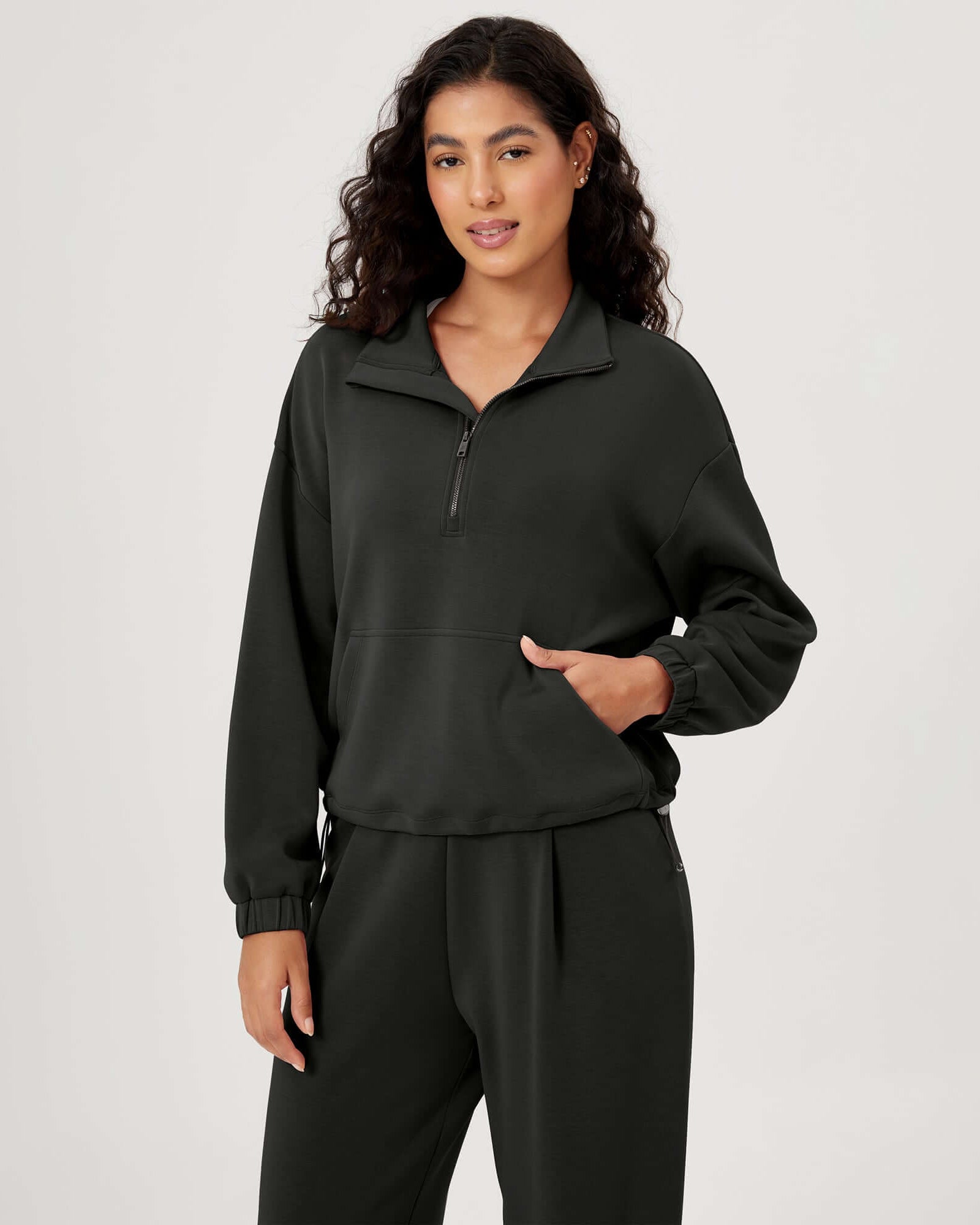 Modal Soft Cinchable Half Zipper Funnel Neck Oversize Pullover Black - ododos
