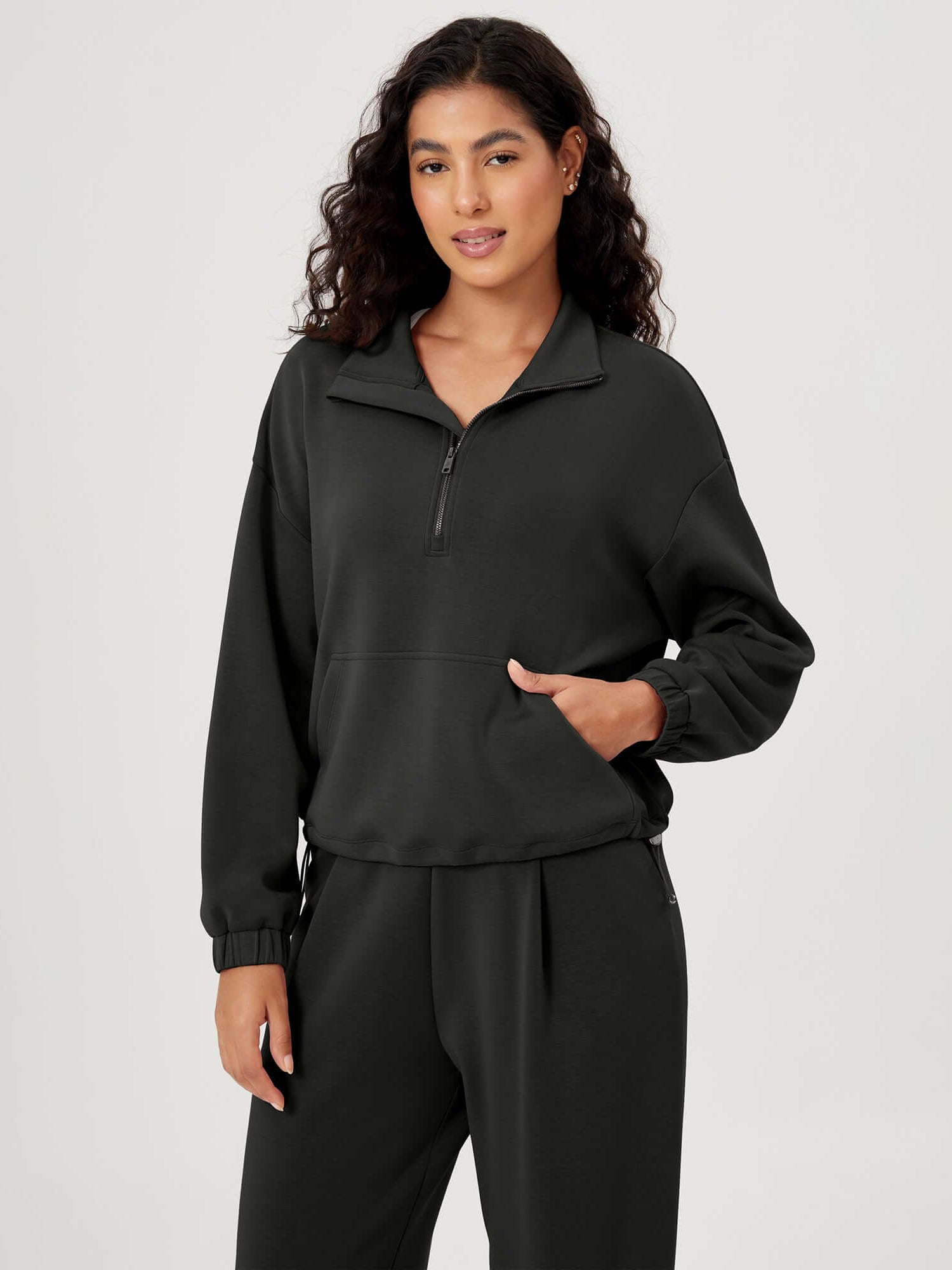 Modal Soft Cinchable Half Zipper Funnel Neck Oversize Pullover Black - ododos