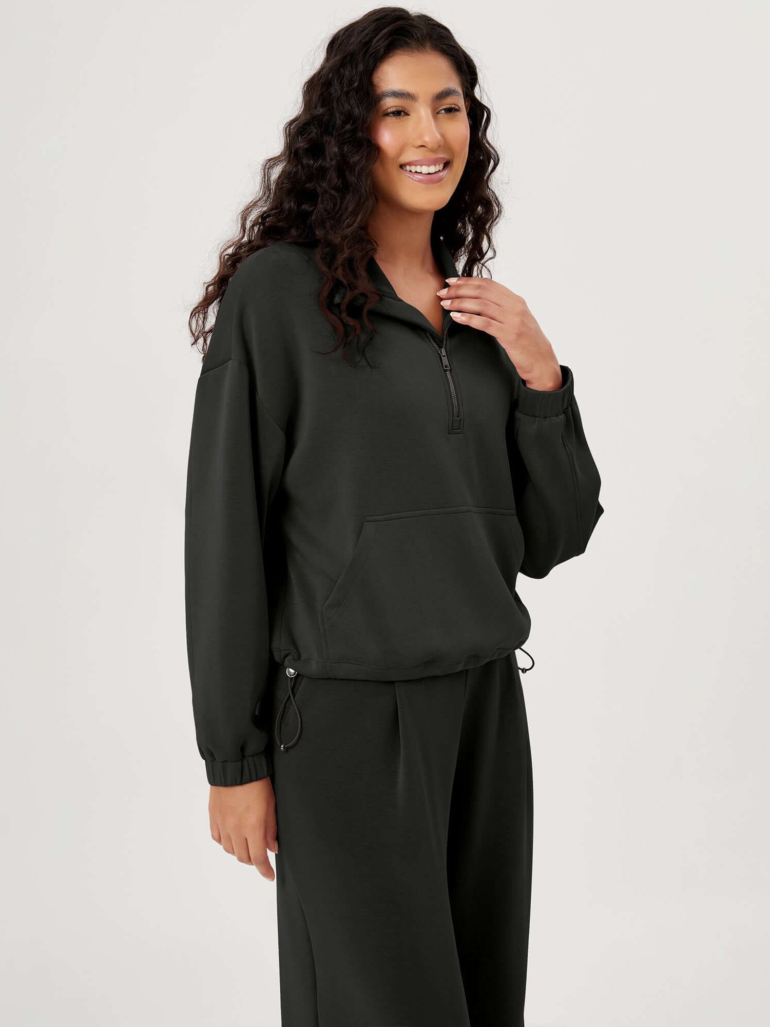 Modal Soft Cinchable Half Zipper Funnel Neck Oversize Pullover - ododos