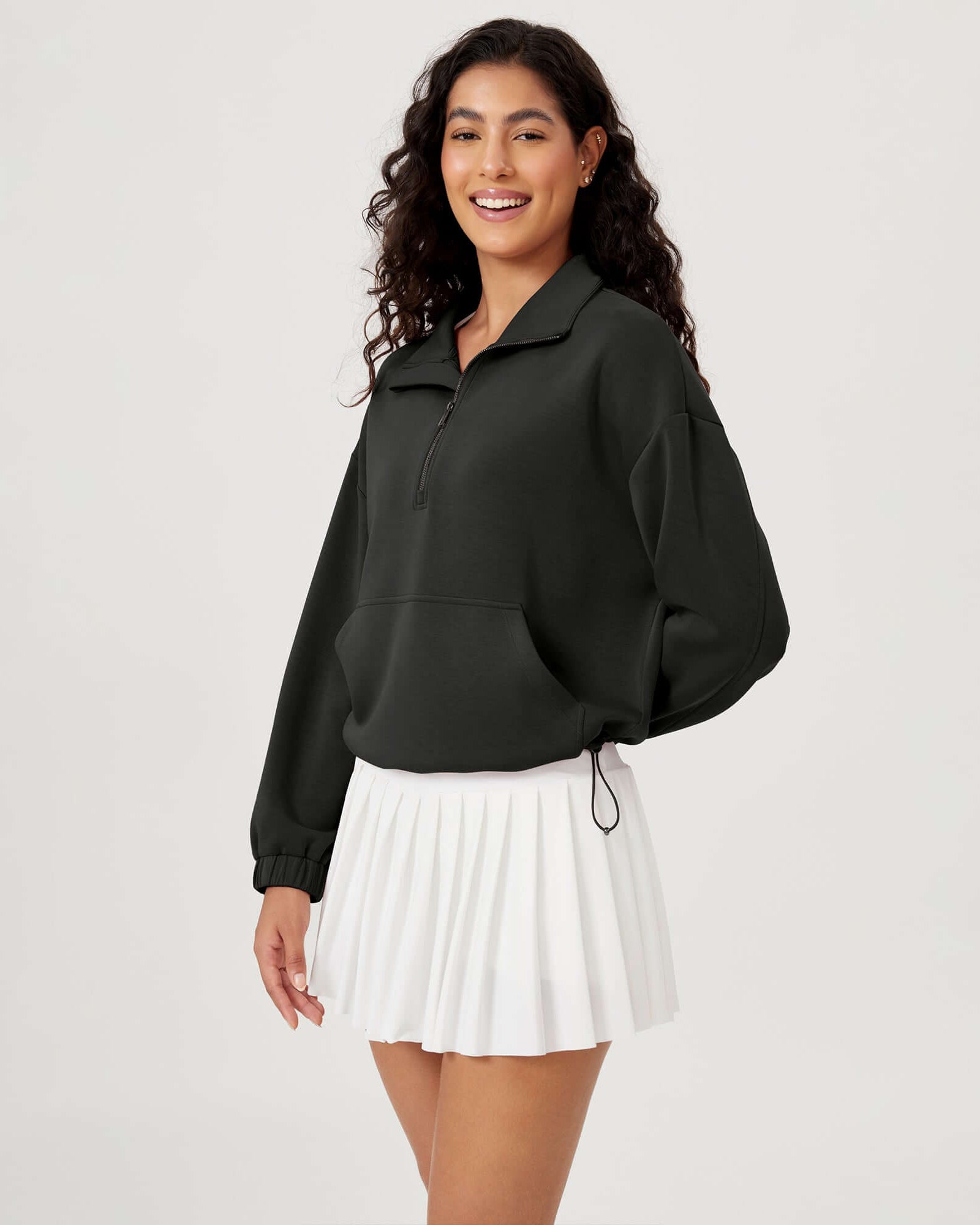 Modal Soft Cinchable Half Zipper Funnel Neck Oversize Pullover - ododos