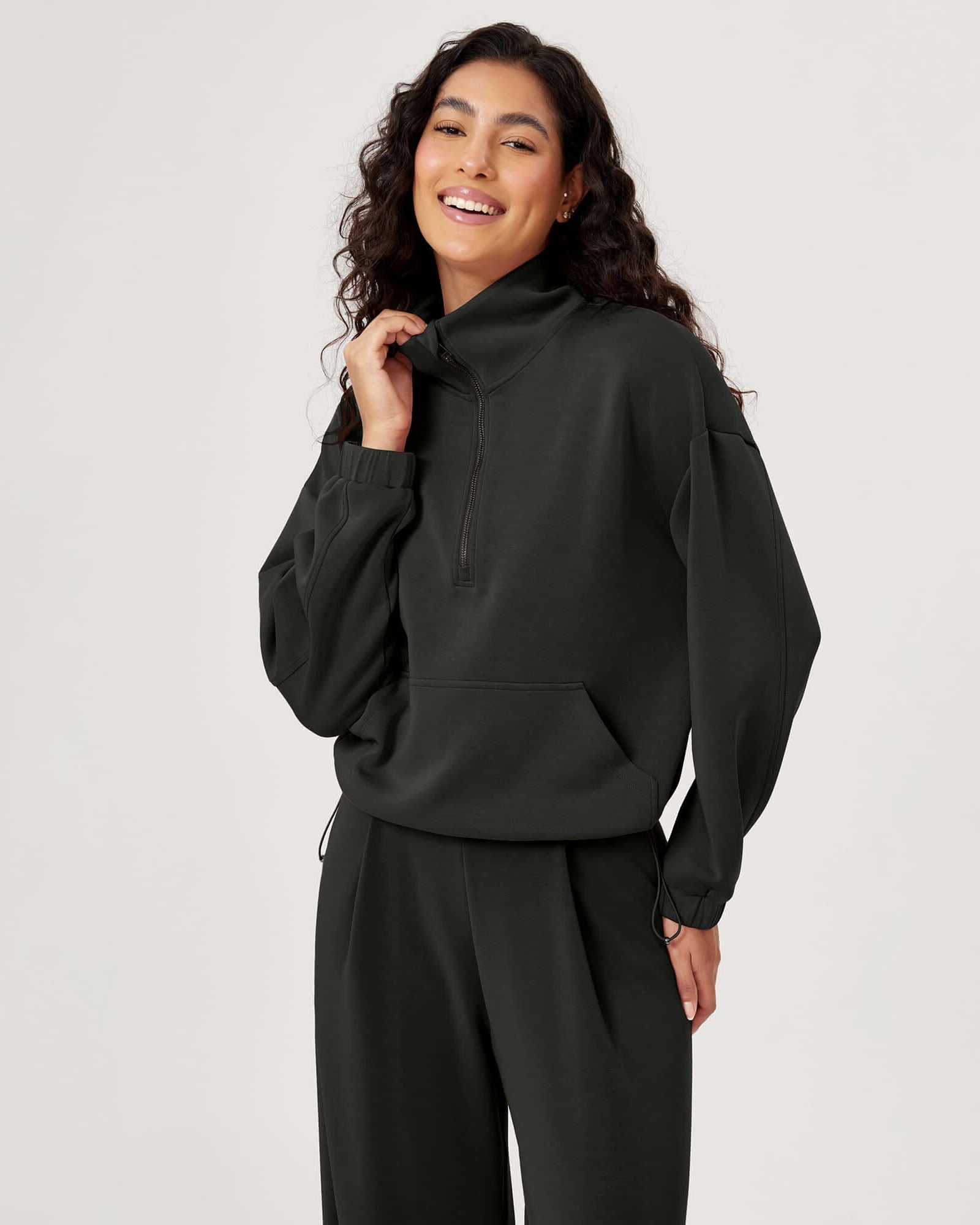 Modal Soft Cinchable Half Zipper Funnel Neck Oversize Pullover - ododos