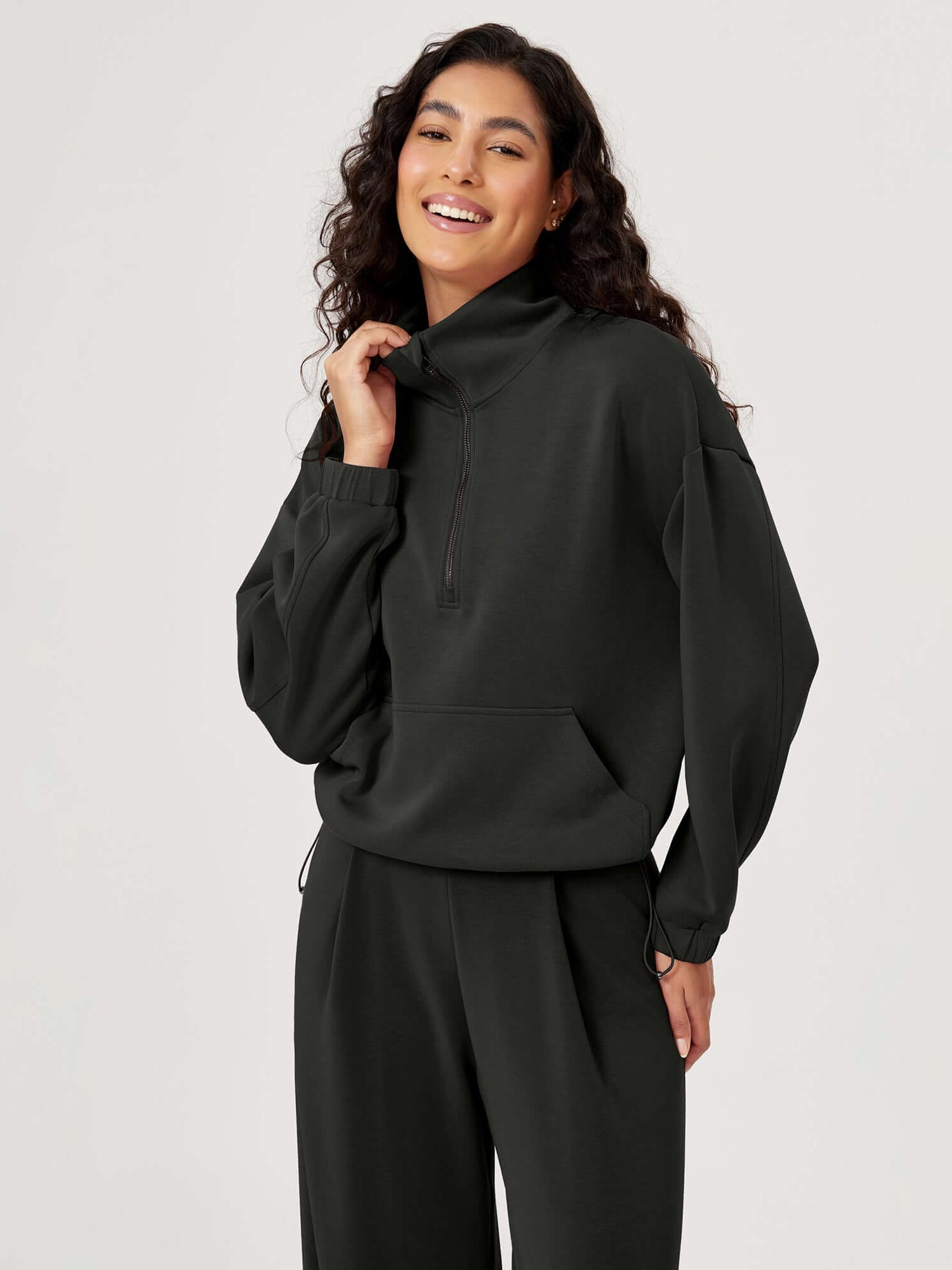 Modal Soft Cinchable Half Zipper Funnel Neck Oversize Pullover - ododos