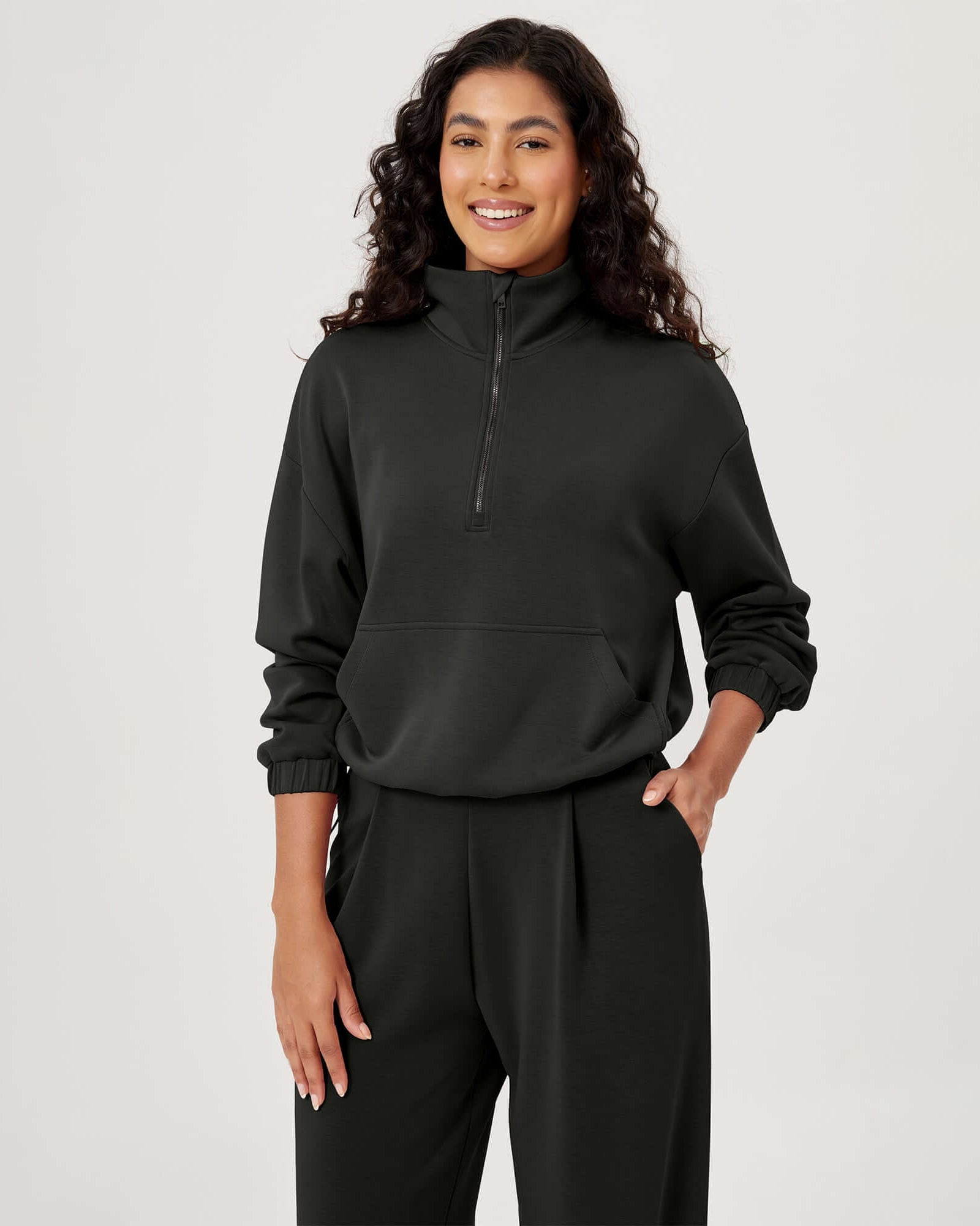 Modal Soft Cinchable Half Zipper Funnel Neck Oversize Pullover - ododos
