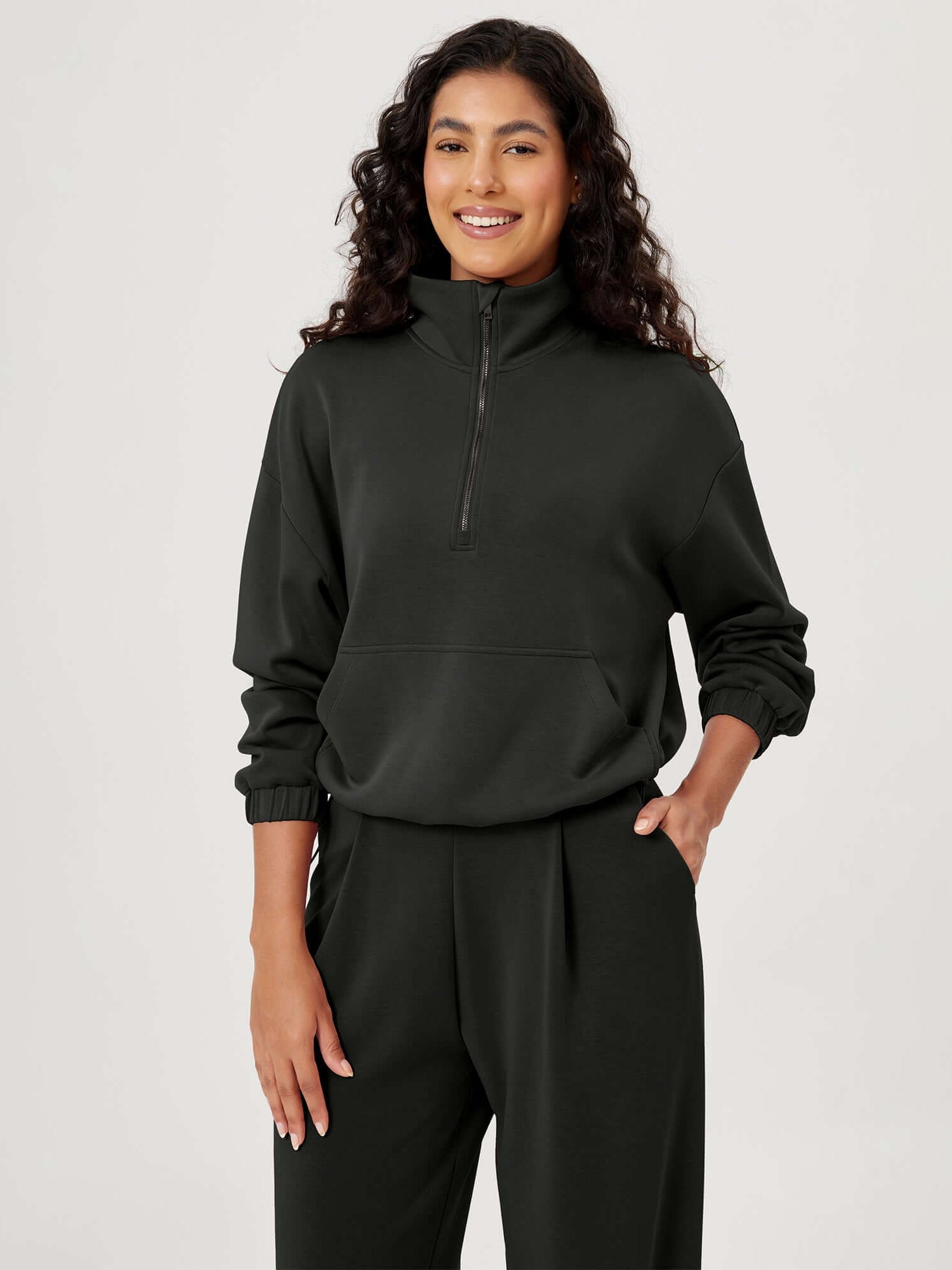 Modal Soft Cinchable Half Zipper Funnel Neck Oversize Pullover - ododos