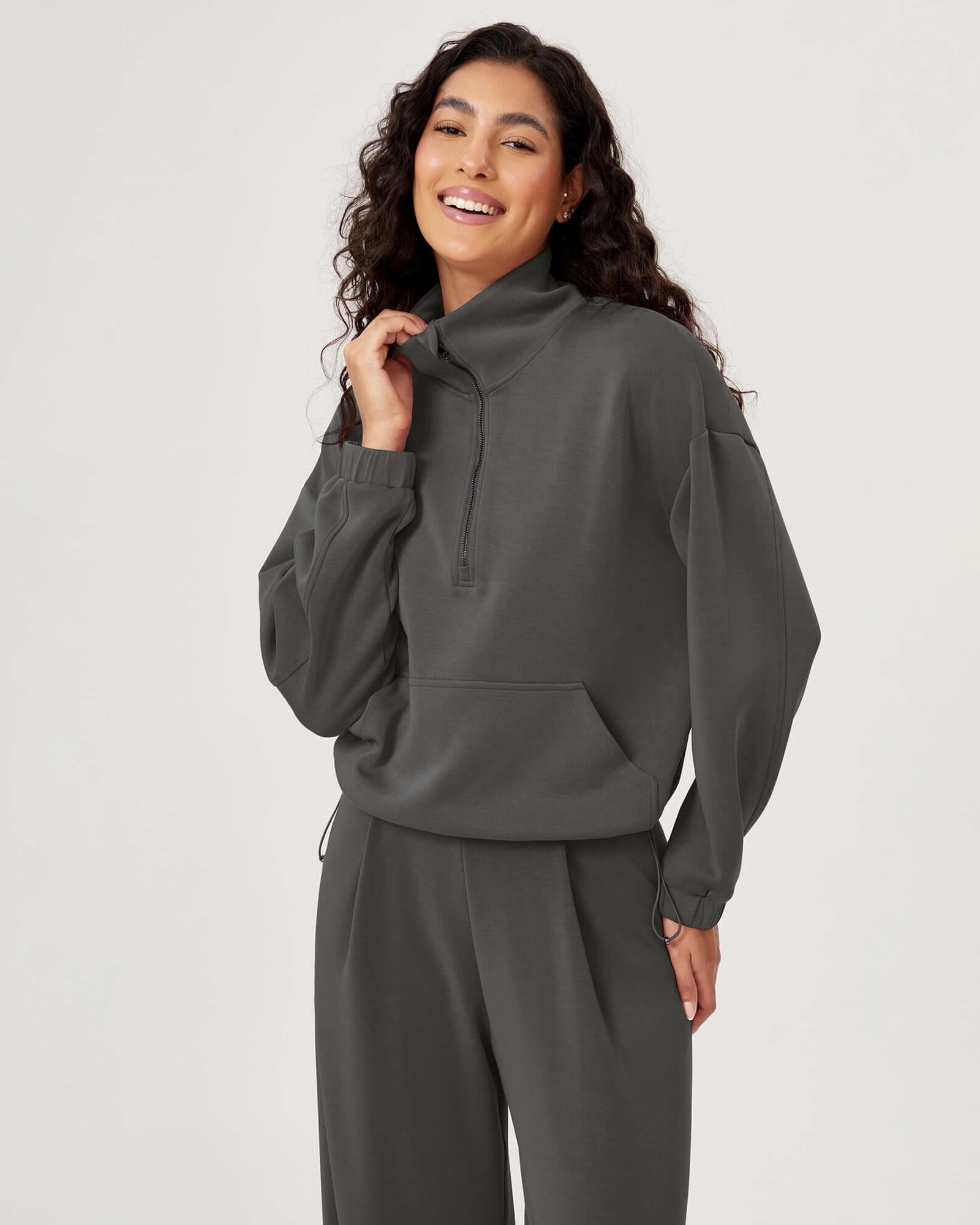 Modal Soft Cinchable Half Zipper Funnel Neck Oversize Pullover - ododos