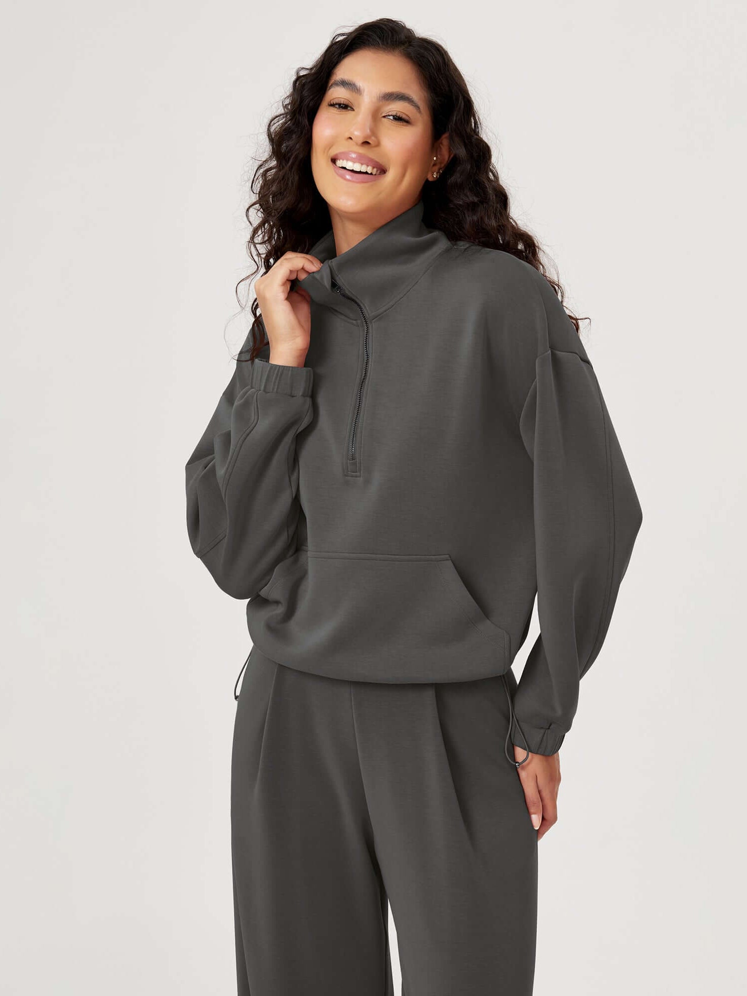 Modal Soft Cinchable Half Zipper Funnel Neck Oversize Pullover - ododos
