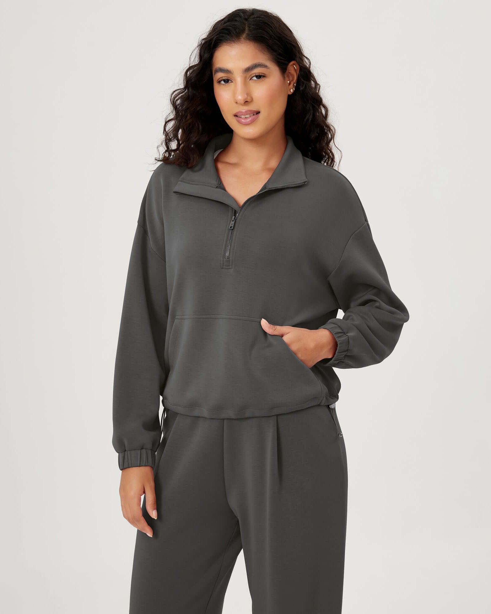 Modal Soft Cinchable Half Zipper Funnel Neck Oversize Pullover Charcoal - ododos