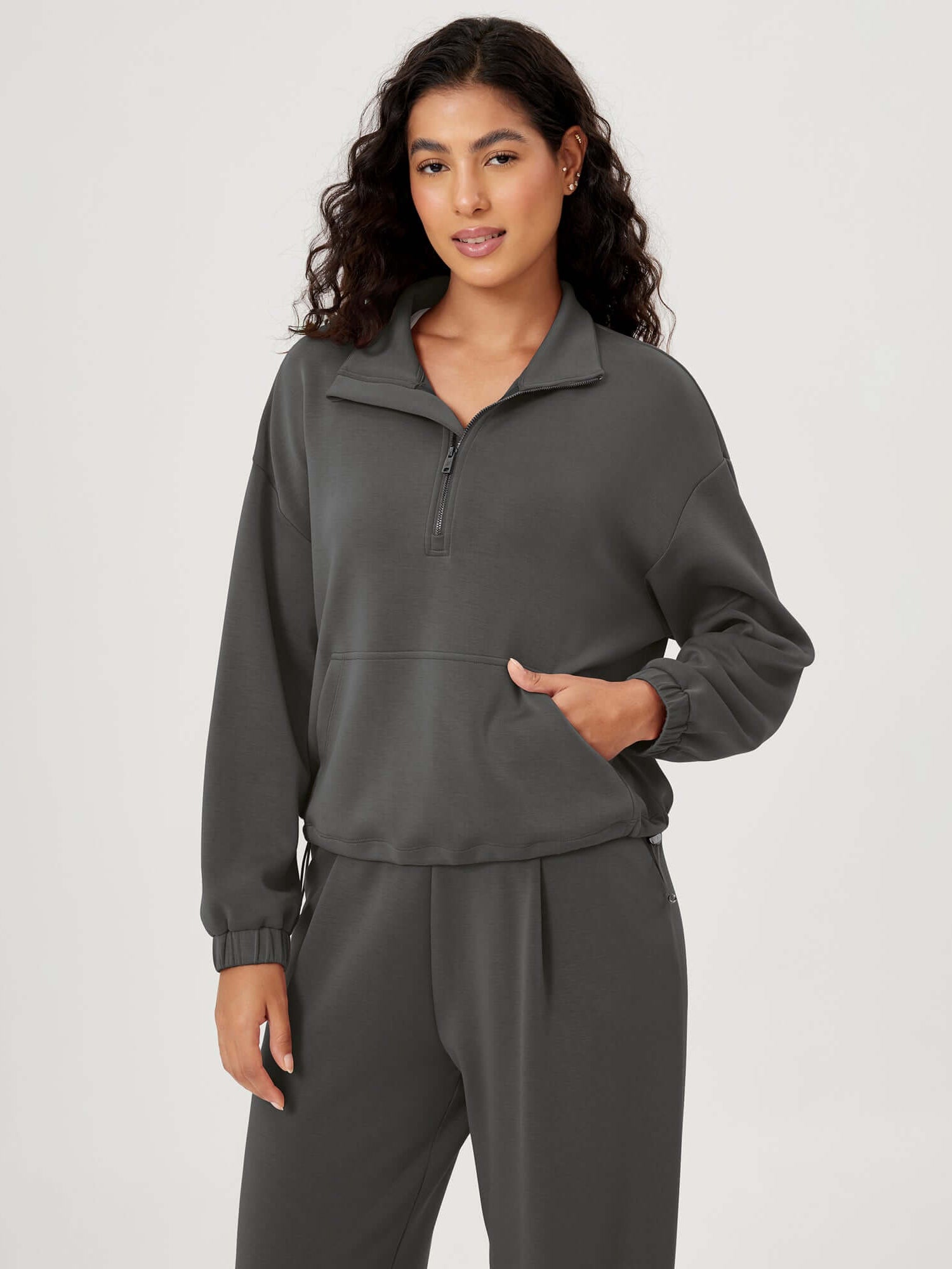 Modal Soft Cinchable Half Zipper Funnel Neck Oversize Pullover Charcoal - ododos