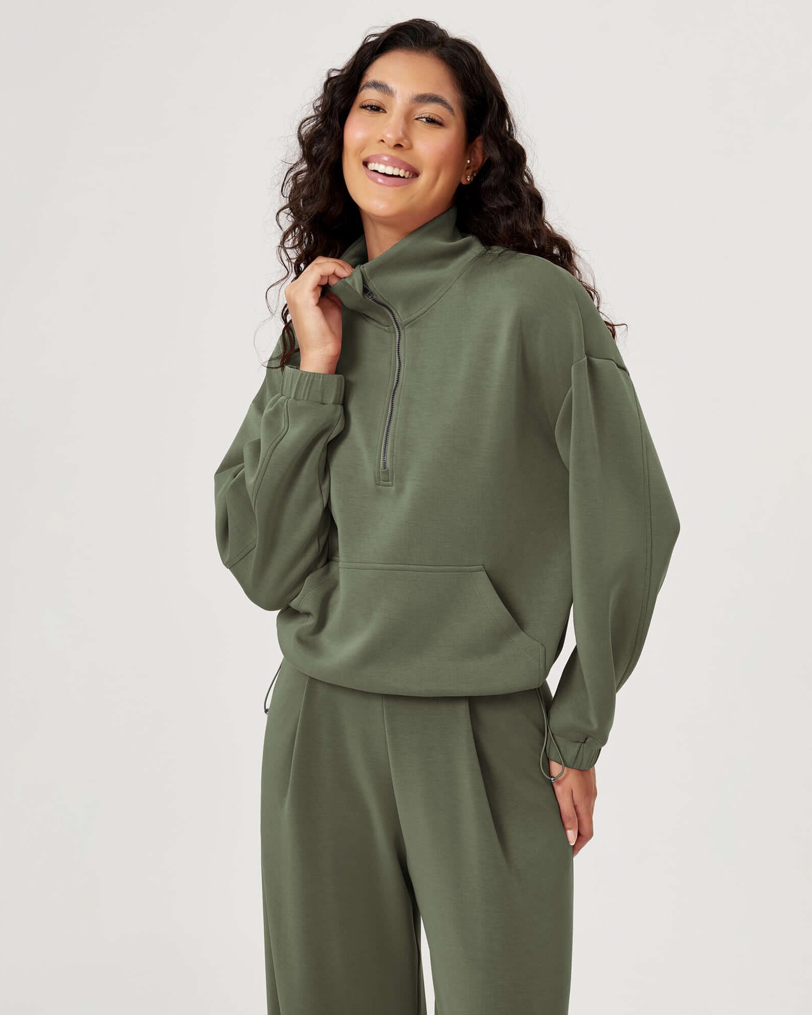 Modal Soft Cinchable Half Zipper Funnel Neck Oversize Pullover - ododos
