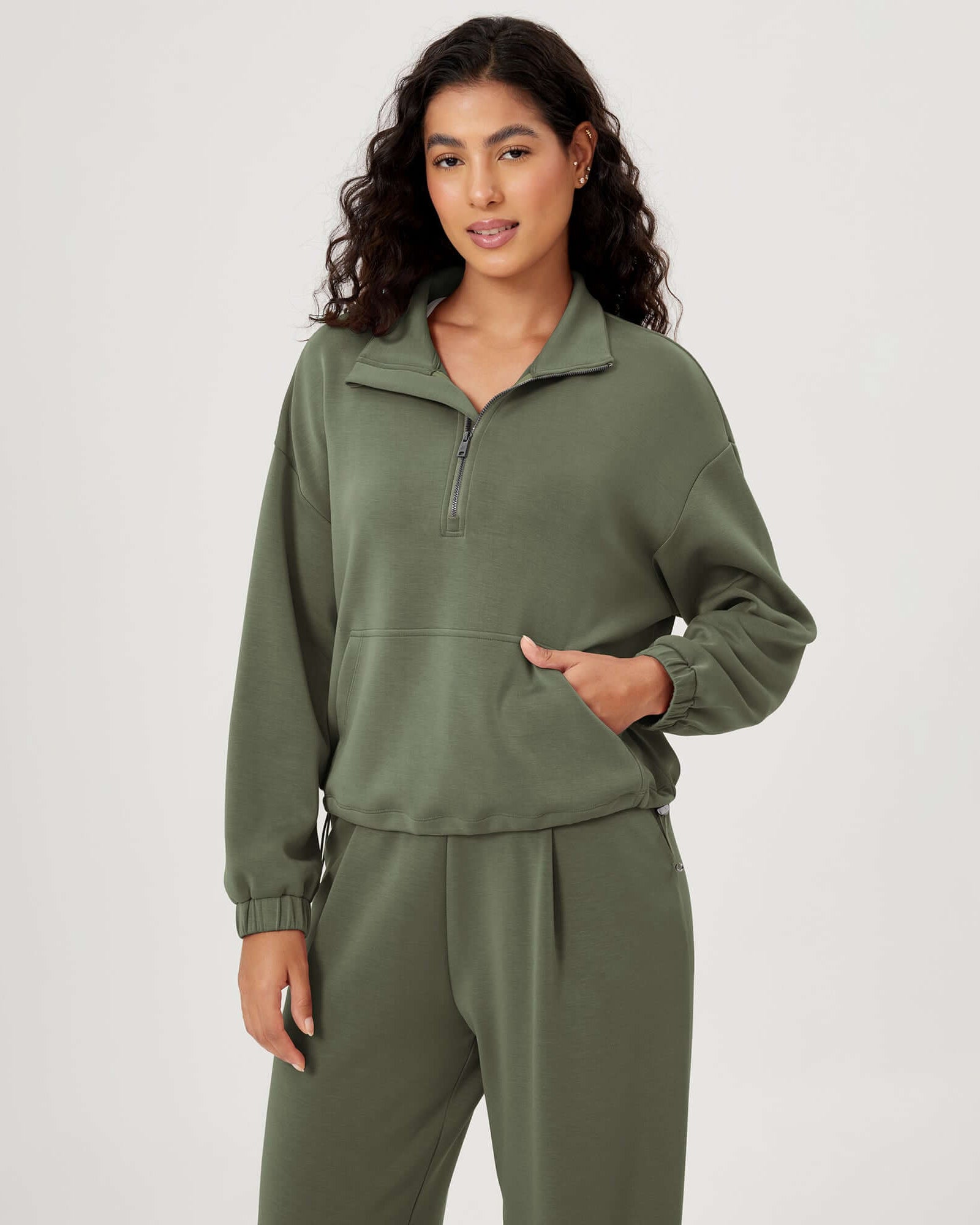 Modal Soft Cinchable Half Zipper Funnel Neck Oversize Pullover Dark Sage - ododos