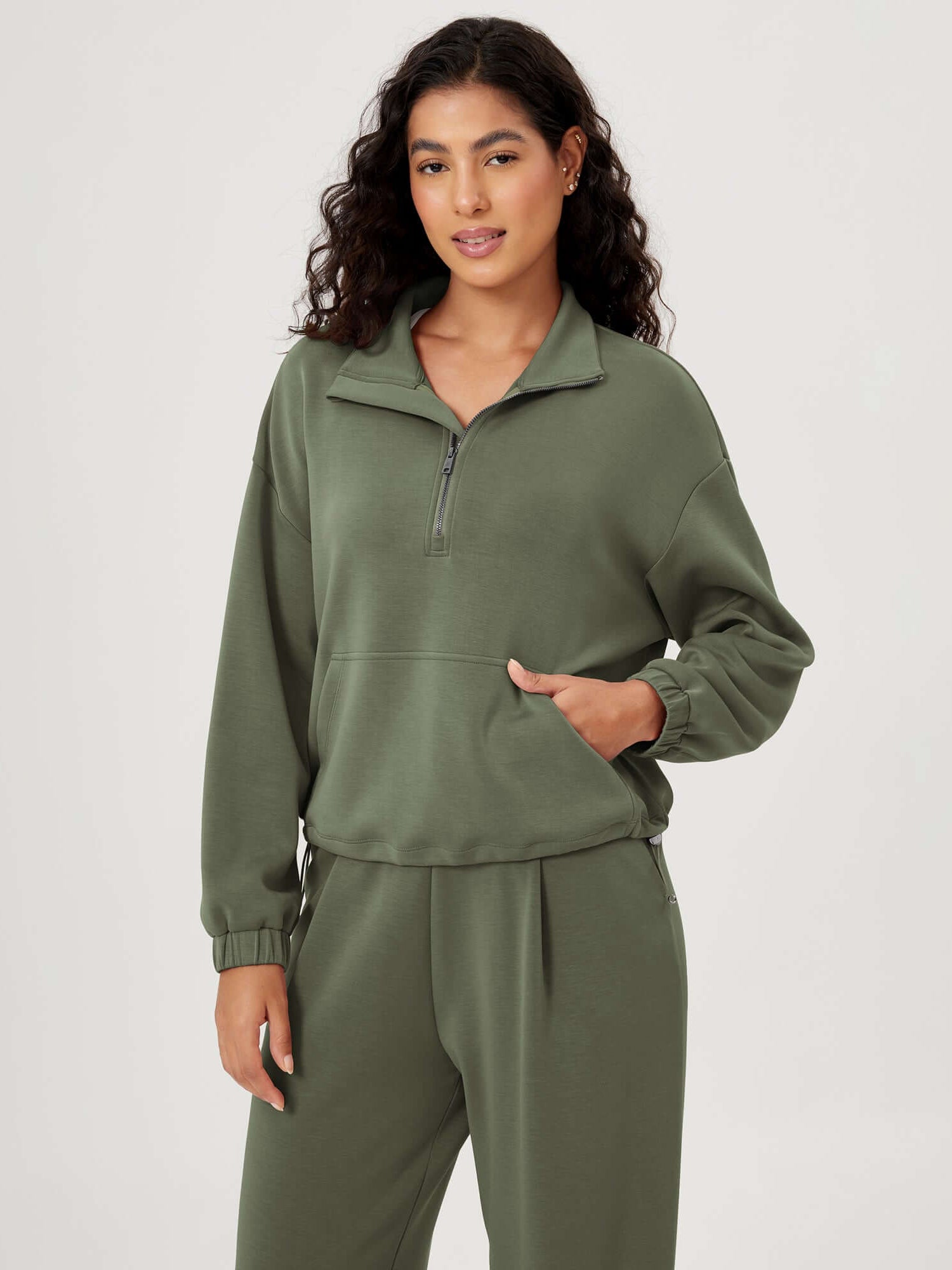 Modal Soft Cinchable Half Zipper Funnel Neck Oversize Pullover Dark Sage - ododos