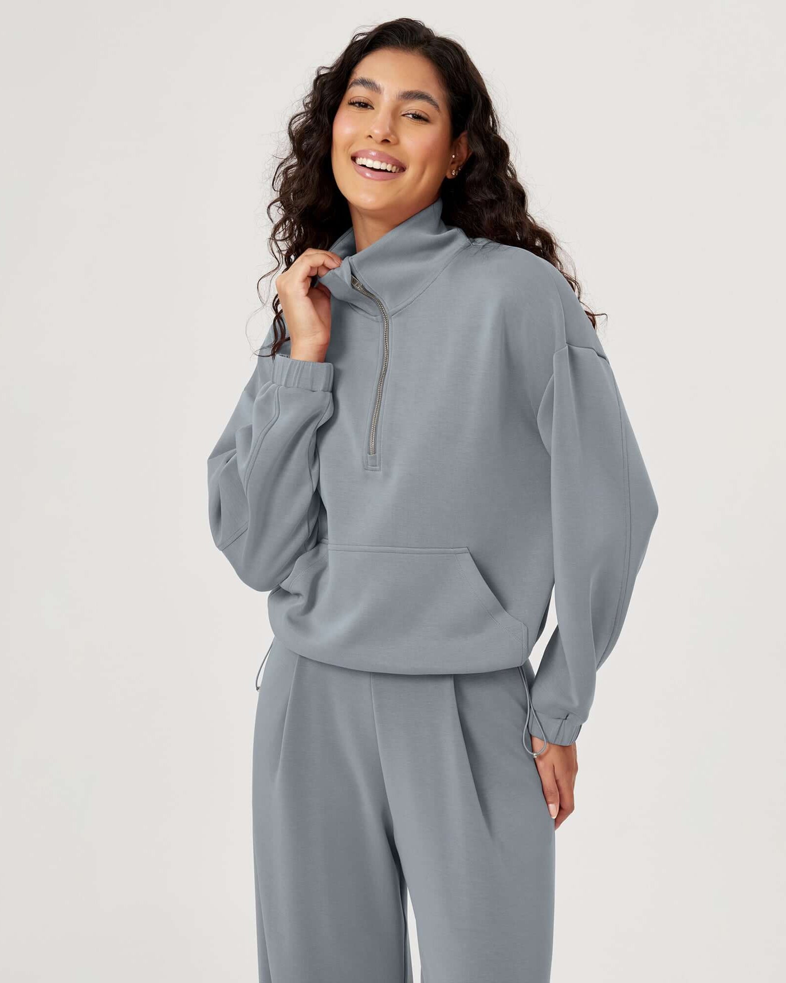 Modal Soft Cinchable Half Zipper Funnel Neck Oversize Pullover - ododos