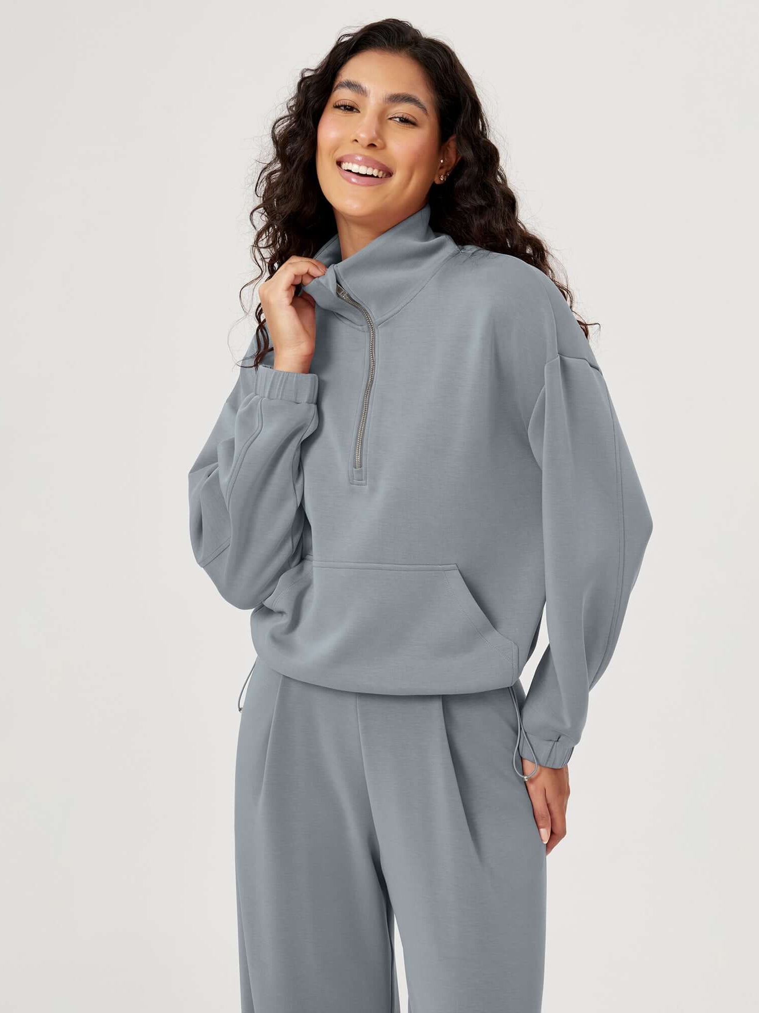 Modal Soft Cinchable Half Zipper Funnel Neck Oversize Pullover - ododos