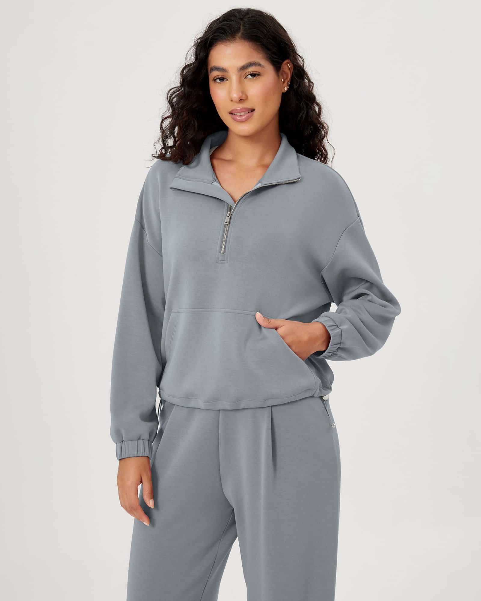 Modal Soft Cinchable Half Zipper Funnel Neck Oversize Pullover Grey Blue - ododos